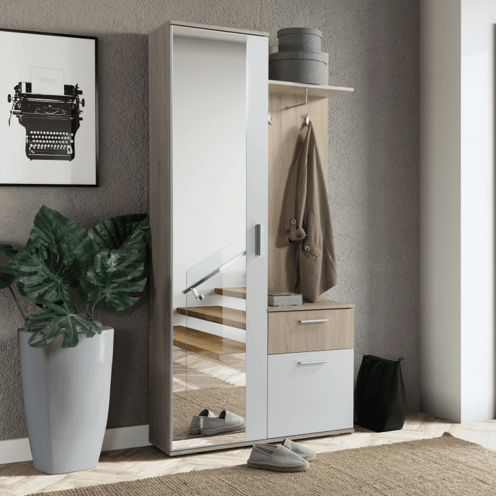 Garderoba z lustrem Nova 97 cm Dąb Sonoma + Biel Alpejska - zdjęcie 2