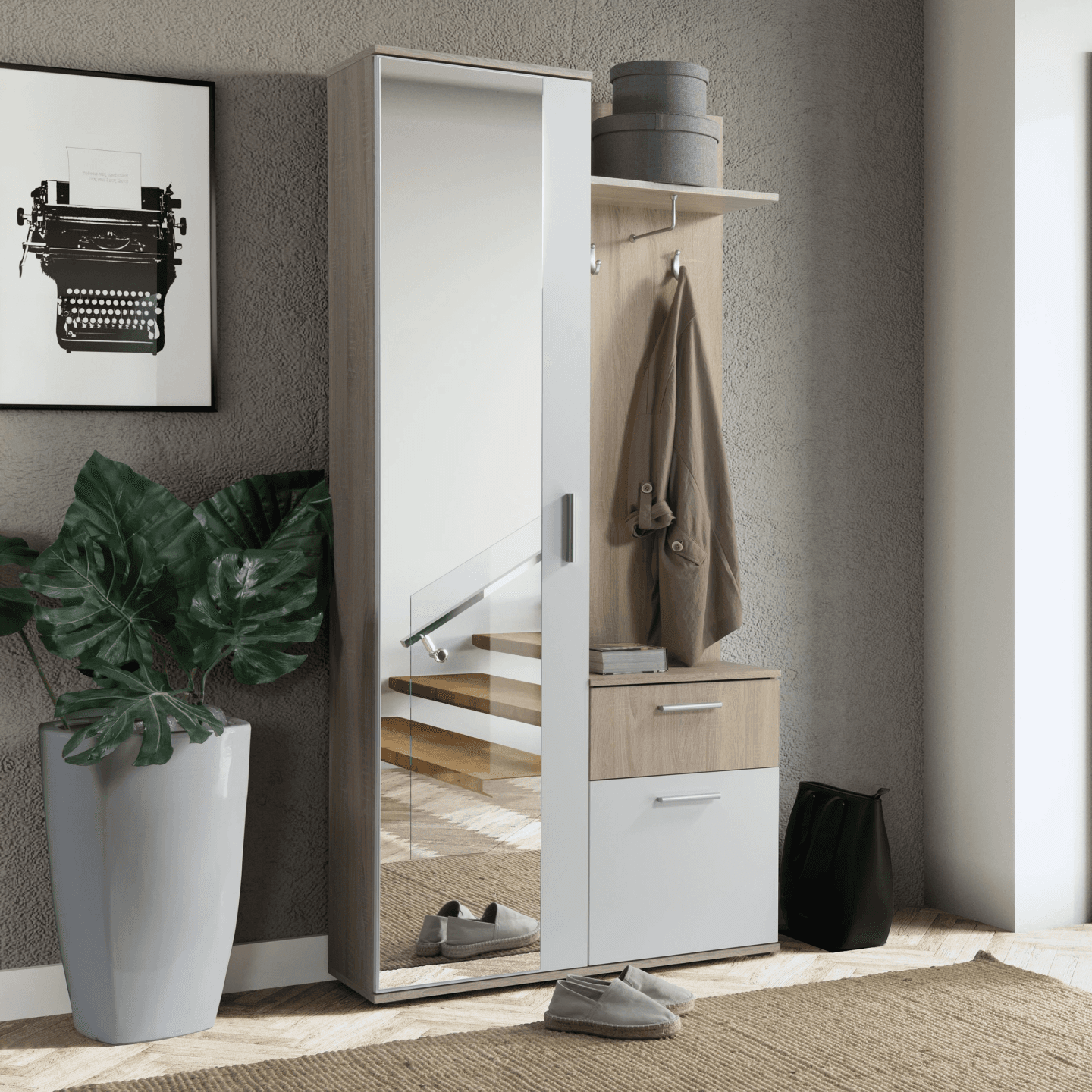 Garderoba z lustrem Nova 97 cm Dąb Sonoma + Biel Alpejska - zdjęcie 2