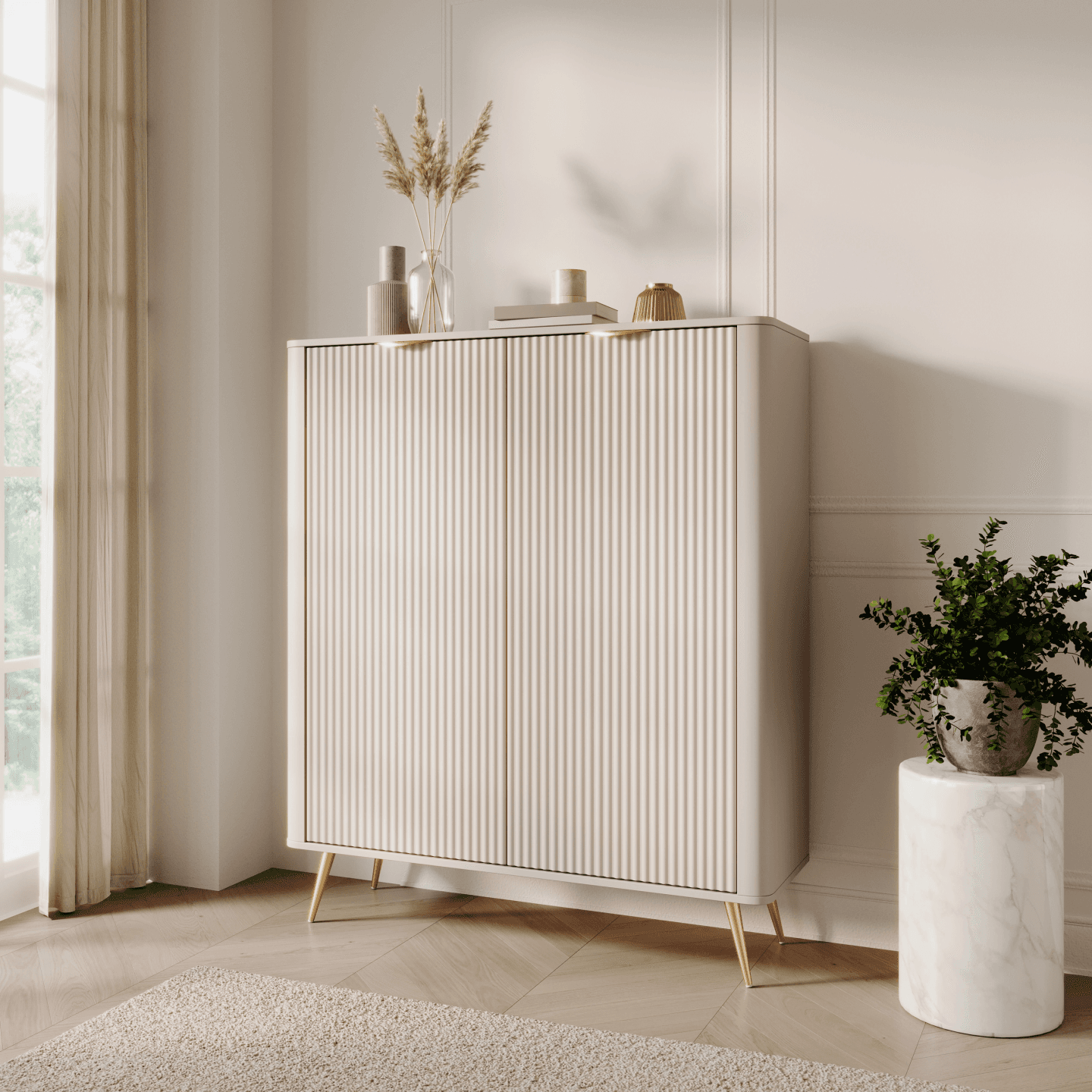 Wysoka komoda Verona 2D ryflowana Beż + złote nogi - zdjęcie 2