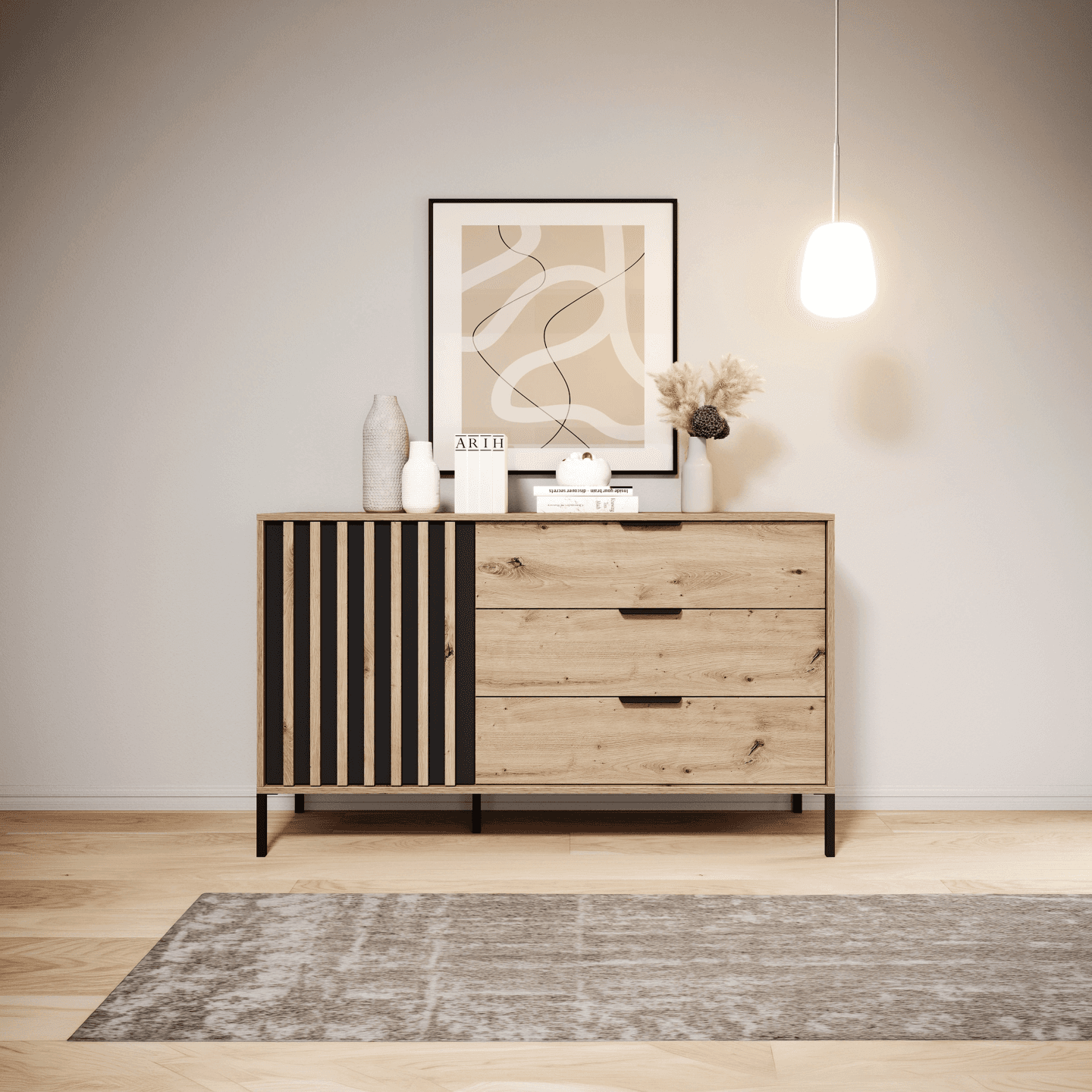 Komoda Kler 138 cm 3 szuflady Dąb Artisan + Antracyt - zdjęcie 2