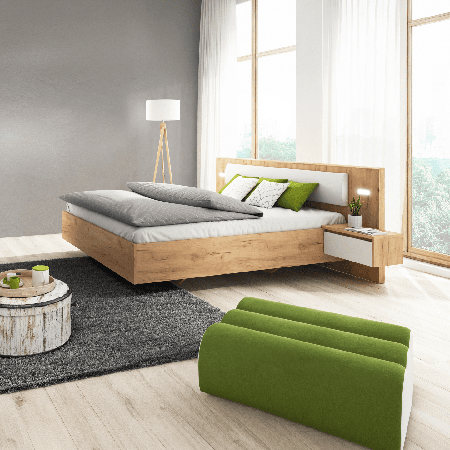 Łóżko ze stolikami nocnymi Aden 160x200 cm Dąb Kraft Złoty + Biały - zdjęcie 2