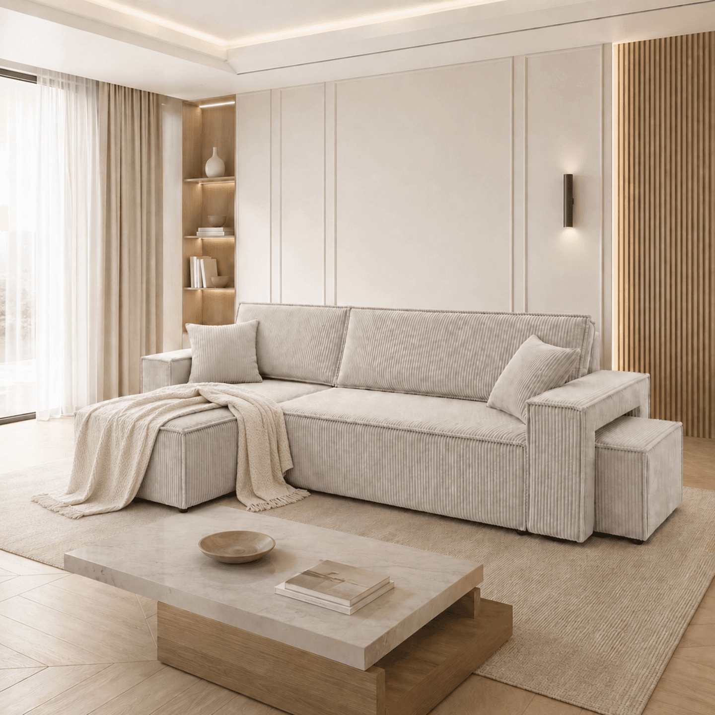 Elegancki narożnik ARON L PUFA do salonu | Uniwersalny | Tkanina Tilia 90