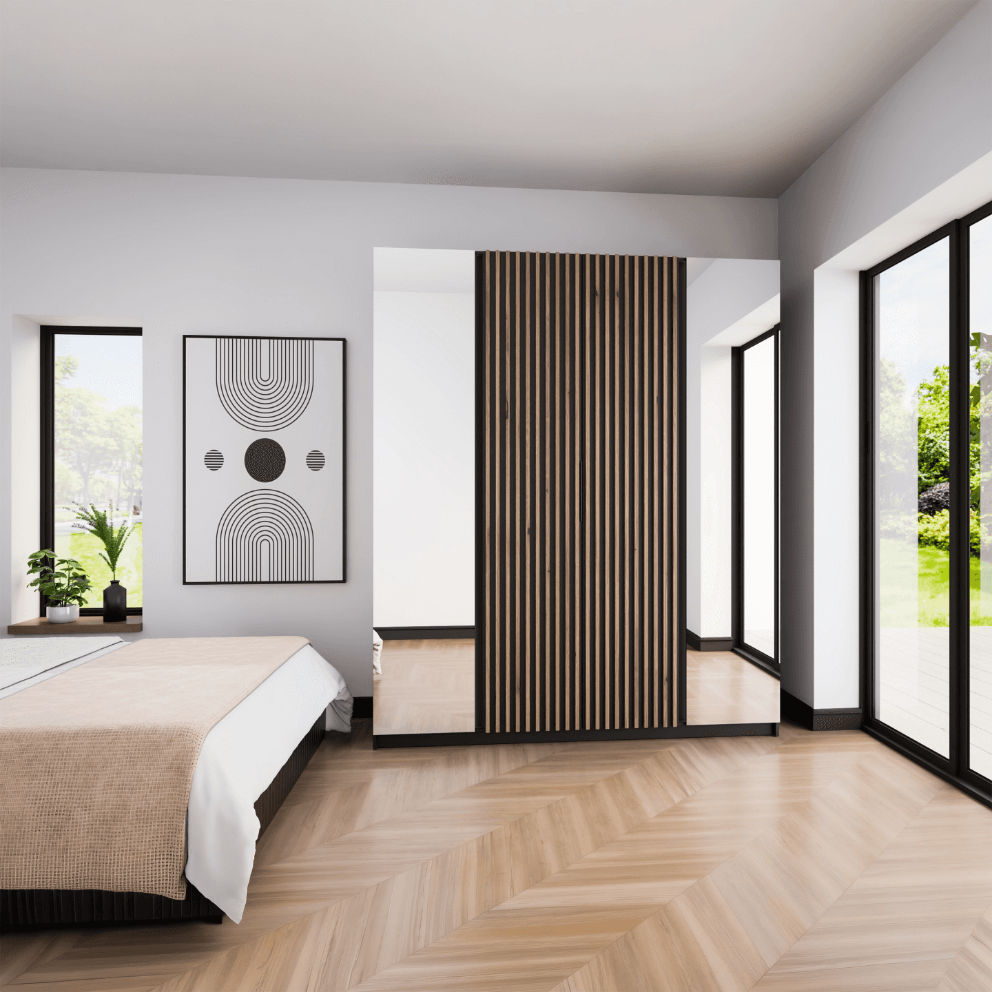 Szafa Regio czterodrzwiowa z lustrami Czarna z lamelami Dąb evoke - zdjęcie 2