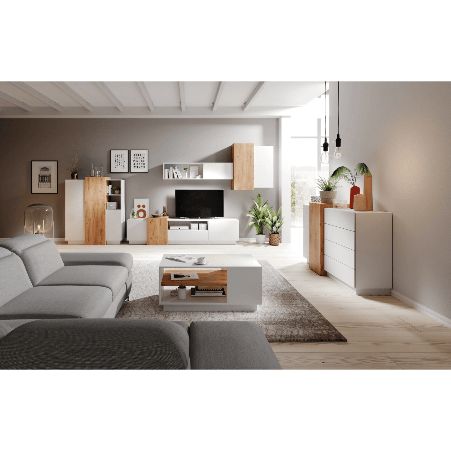Komoda Abi 160 cm 4 szuflady Biały + Dąb Kraft Złoty - zdjęcie 2