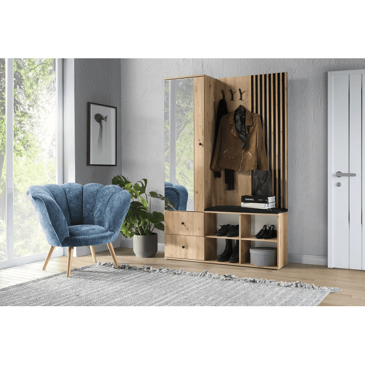 Garderoba z siedziskiem Norvian 129 cm Dąb Artisan + Czarny - zdjęcie 2