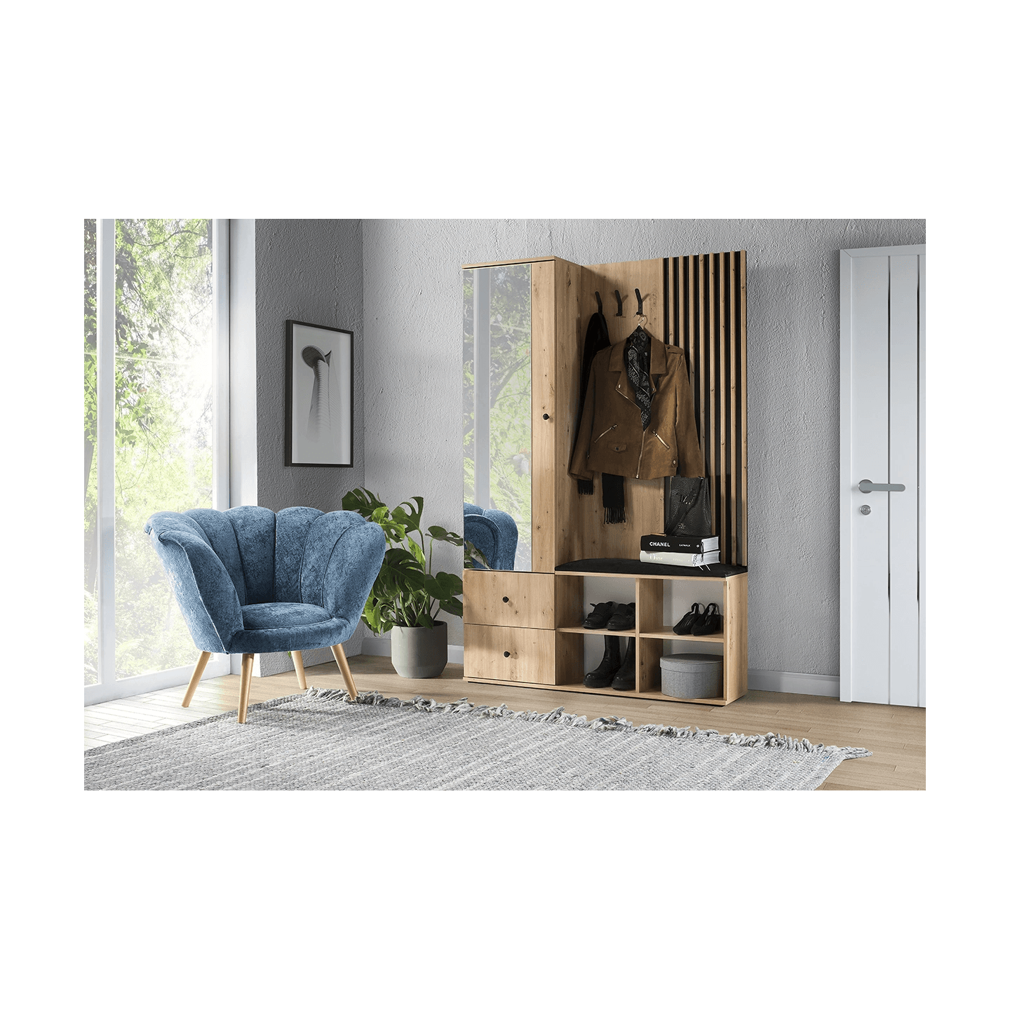 Garderoba z siedziskiem Norvian 129 cm Dąb Artisan + Czarny - zdjęcie 2