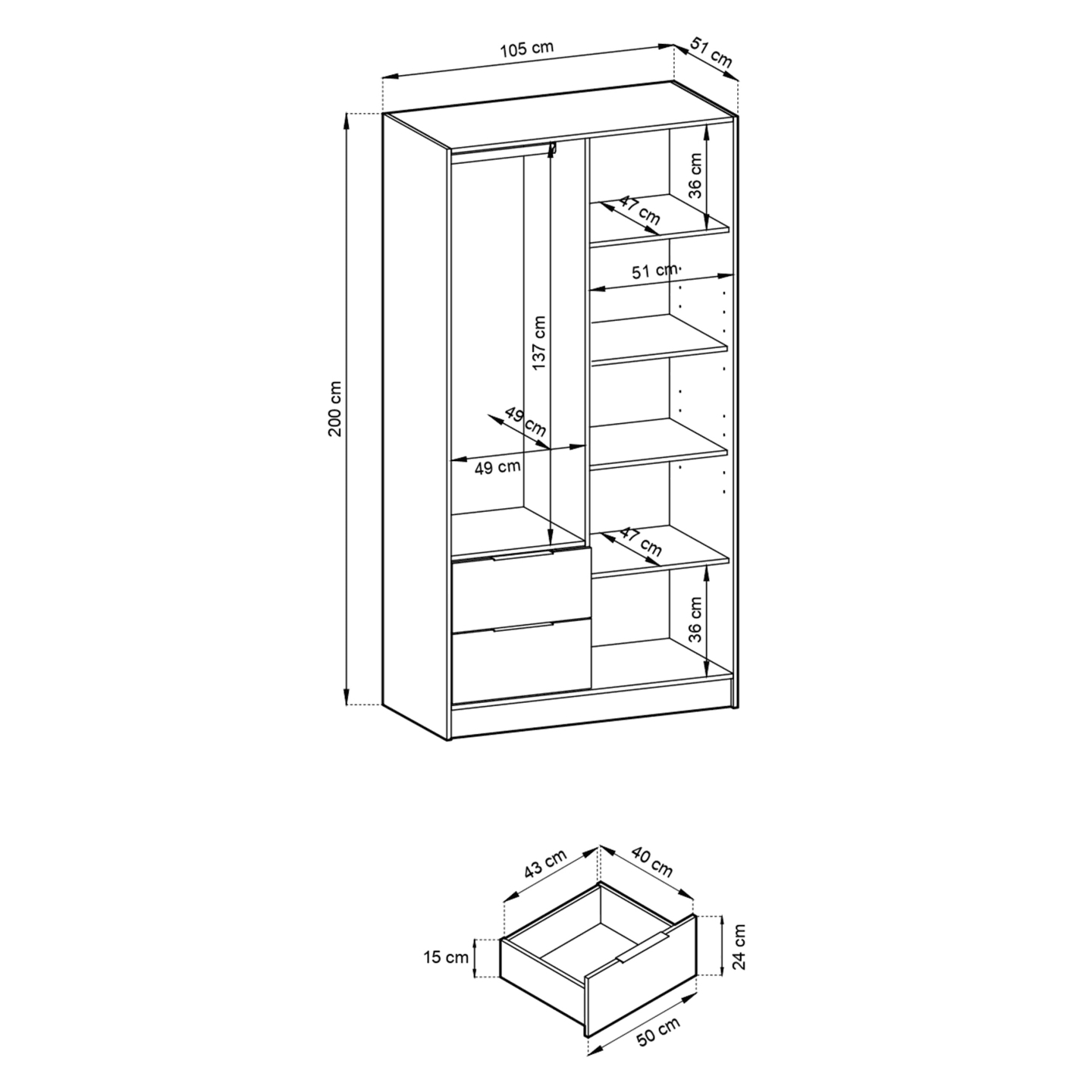 Szafa Bella, grafit bez lustra, lamele 105 x 200 cm