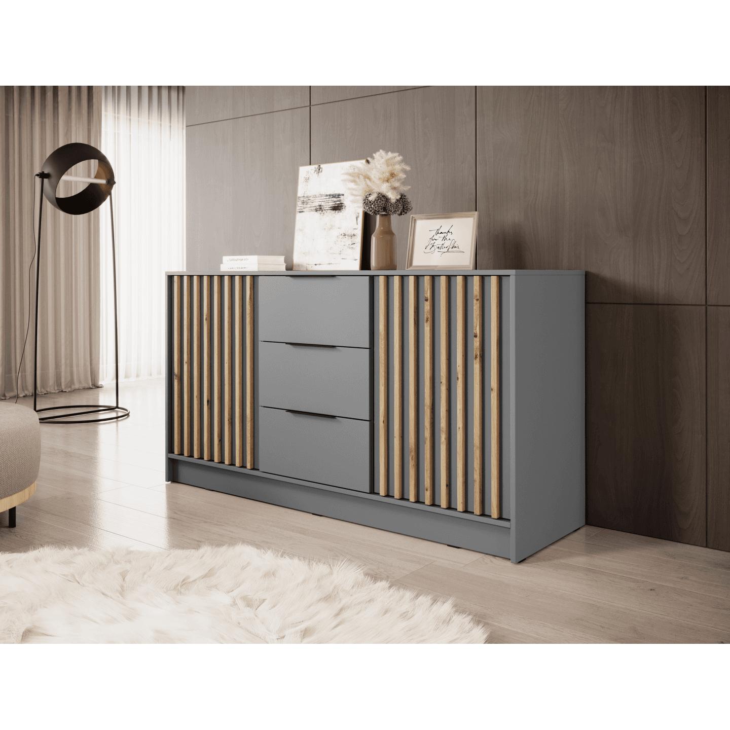 Komoda Bella 3K szary + dąb artisan lamele