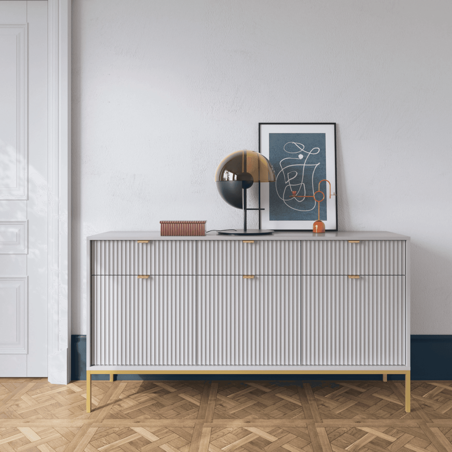 Komoda 154 cm Crow szara + złote nóżki