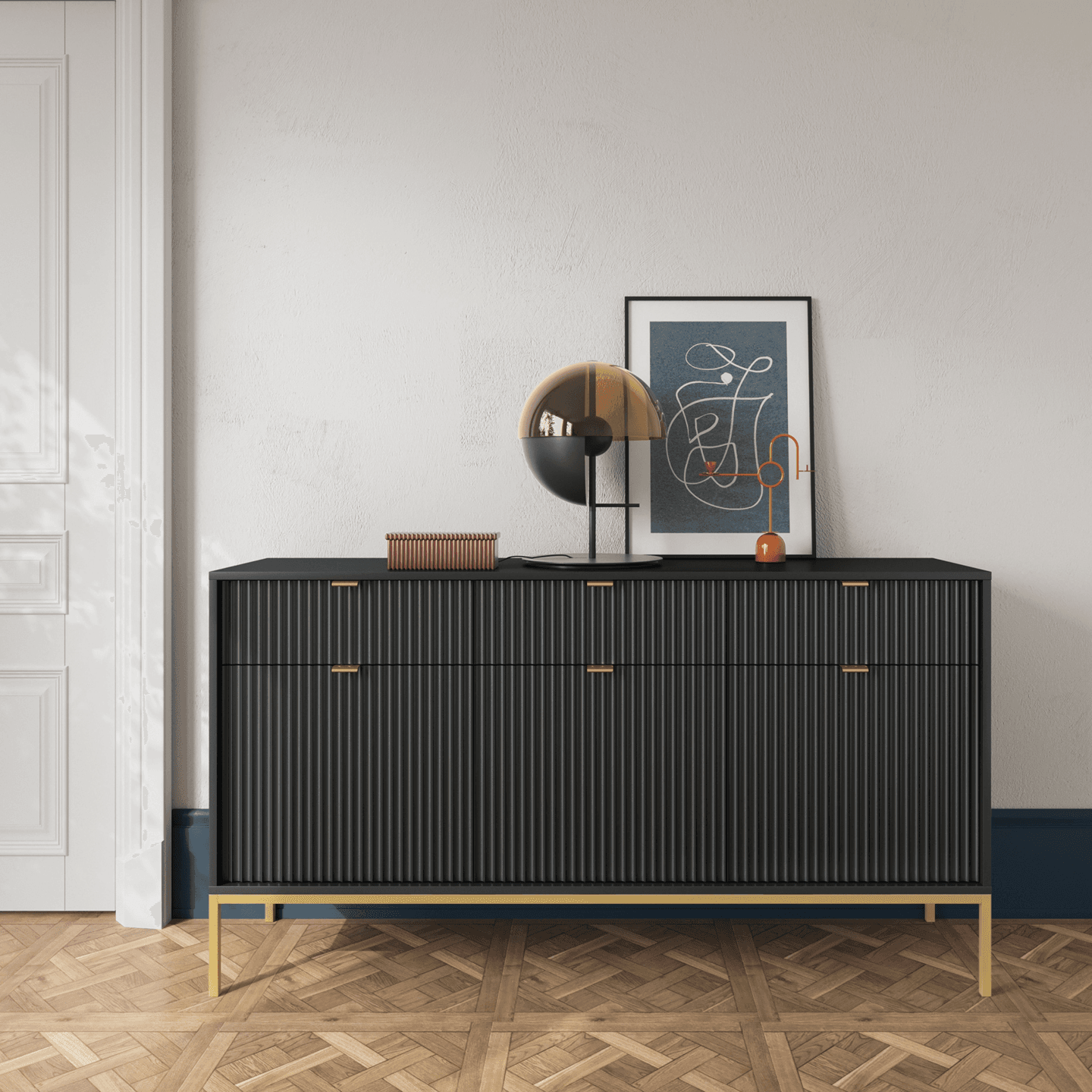 Komoda 154 cm Crow czarna + złote nóżki