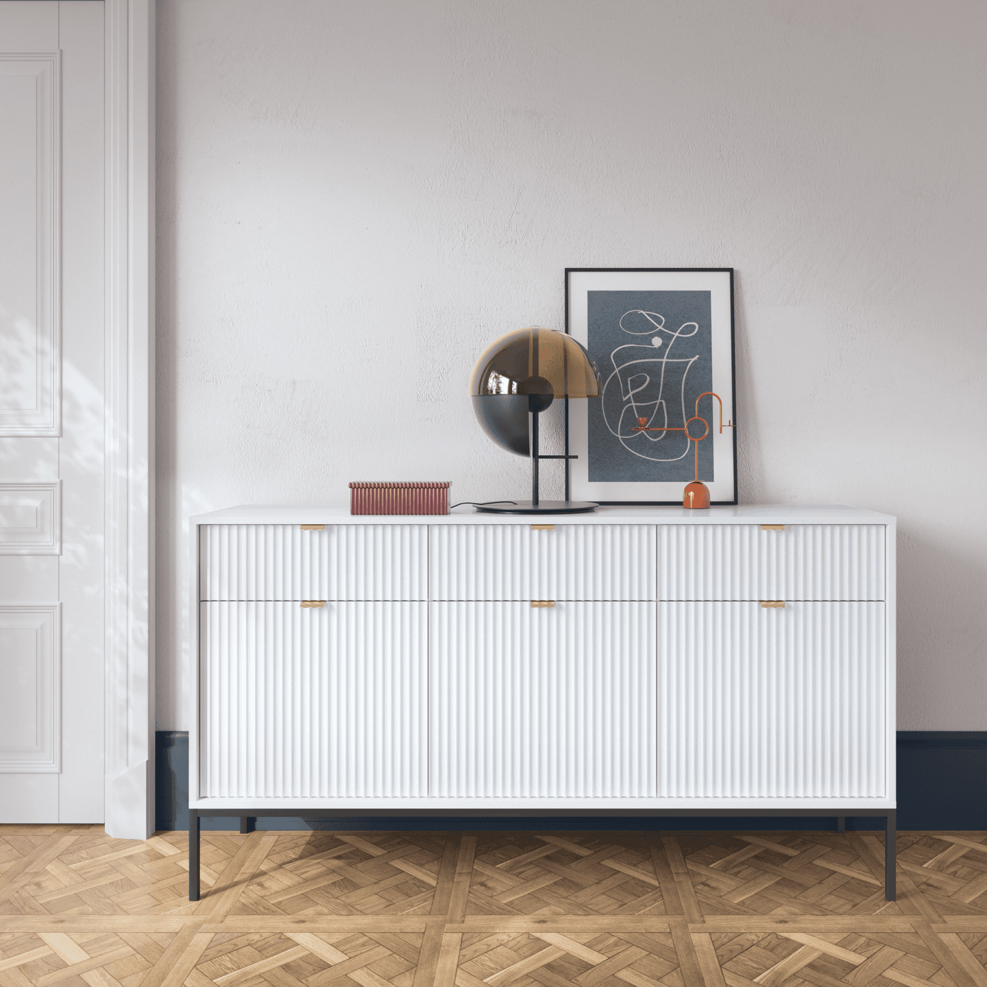 Komoda 154 cm Crow biała + czarne nóżki