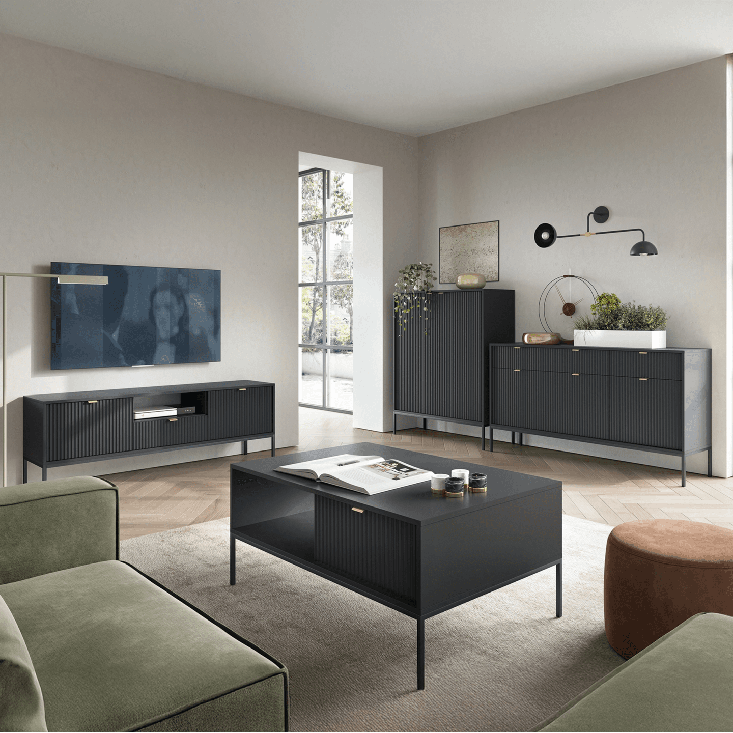 Szafka RTV Crow 154 cm czarna + czarne nóżki