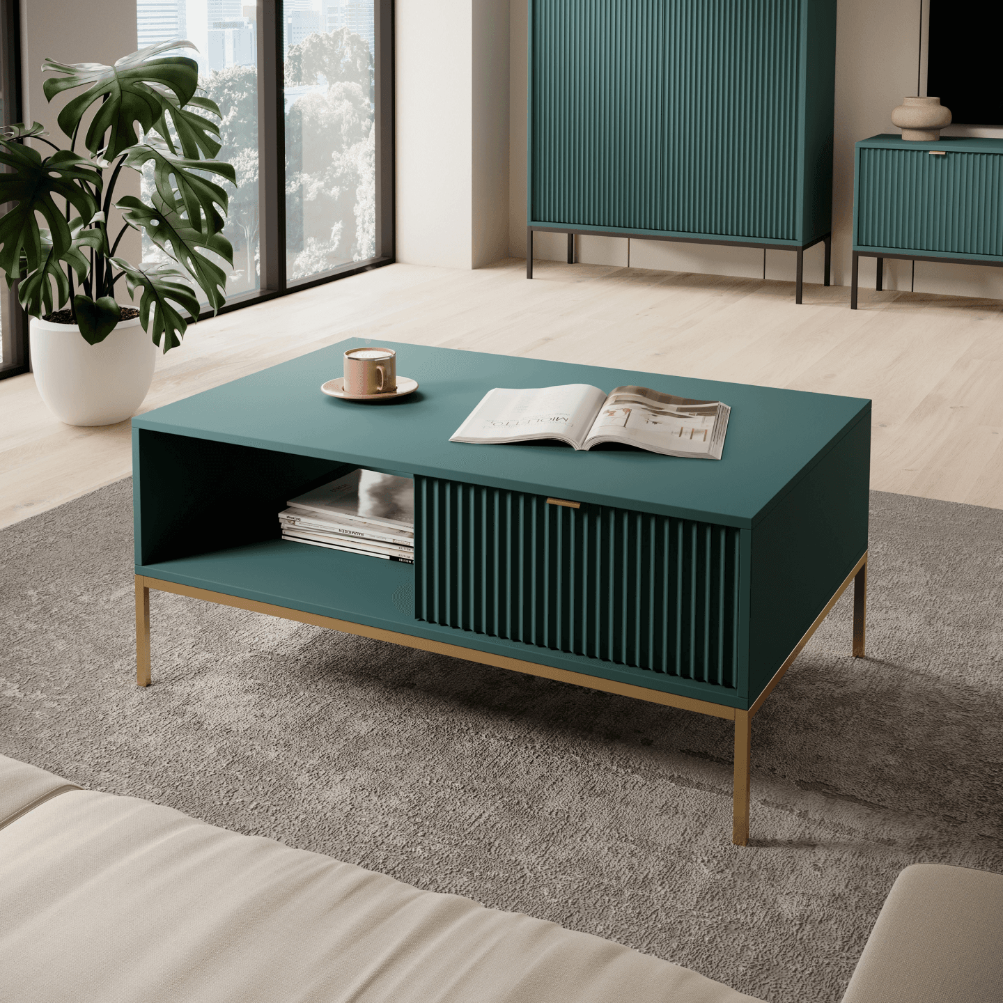 Stolik kawowy Crow 104 cm labrador + złote nóżki