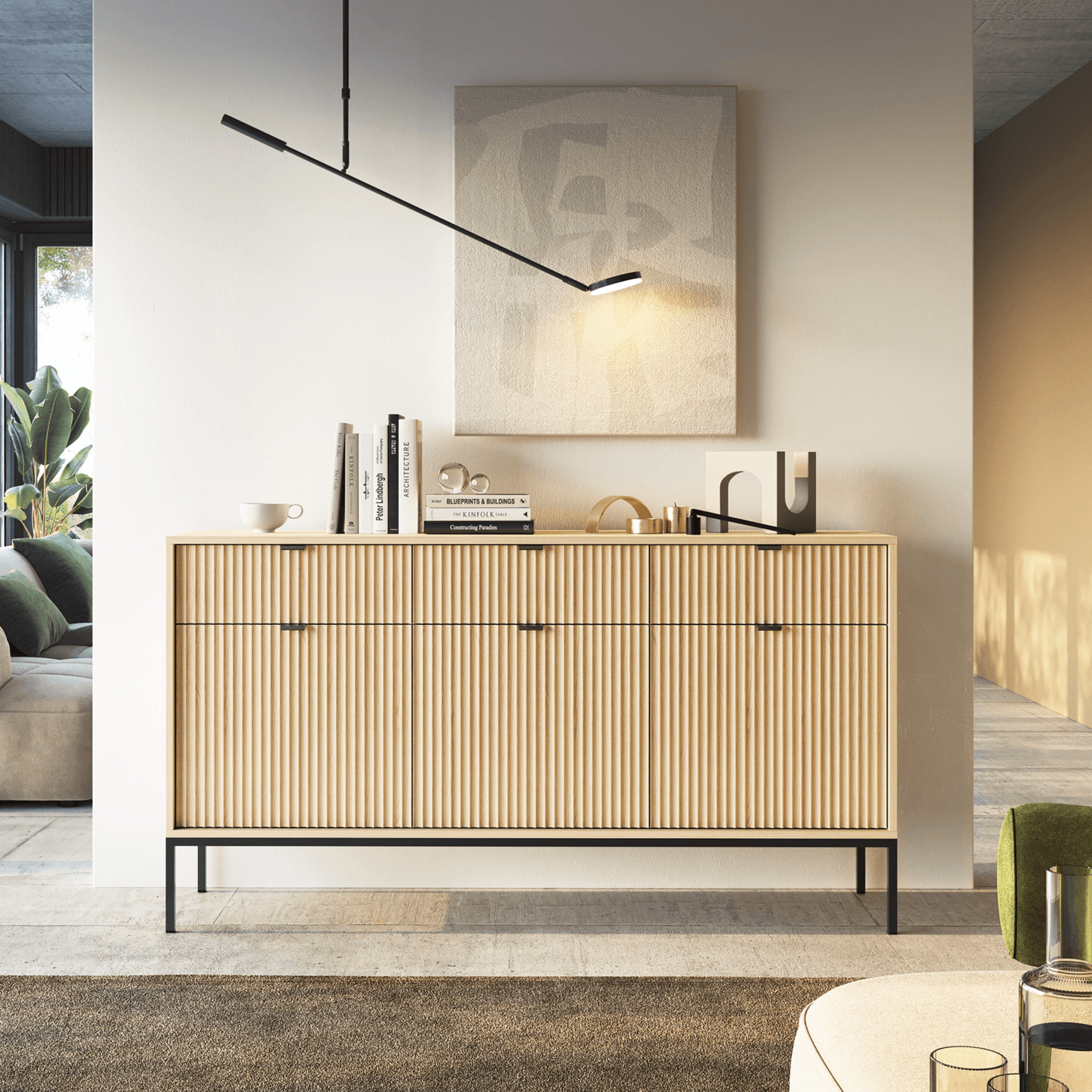 Komoda Crow 154 cm dąb vicenza + czarne nóżki