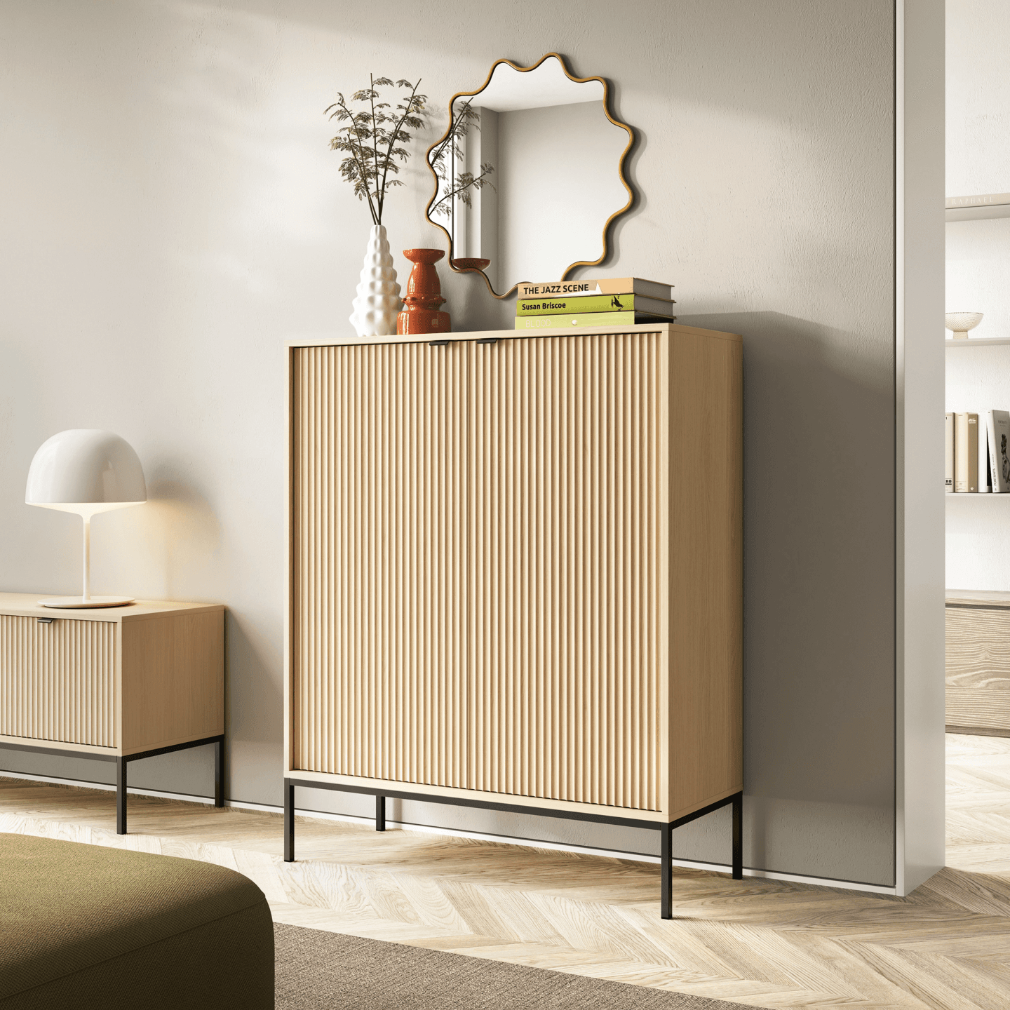 Komoda wysoka Crow 104 cm dąb vicenza + czarne nóżki