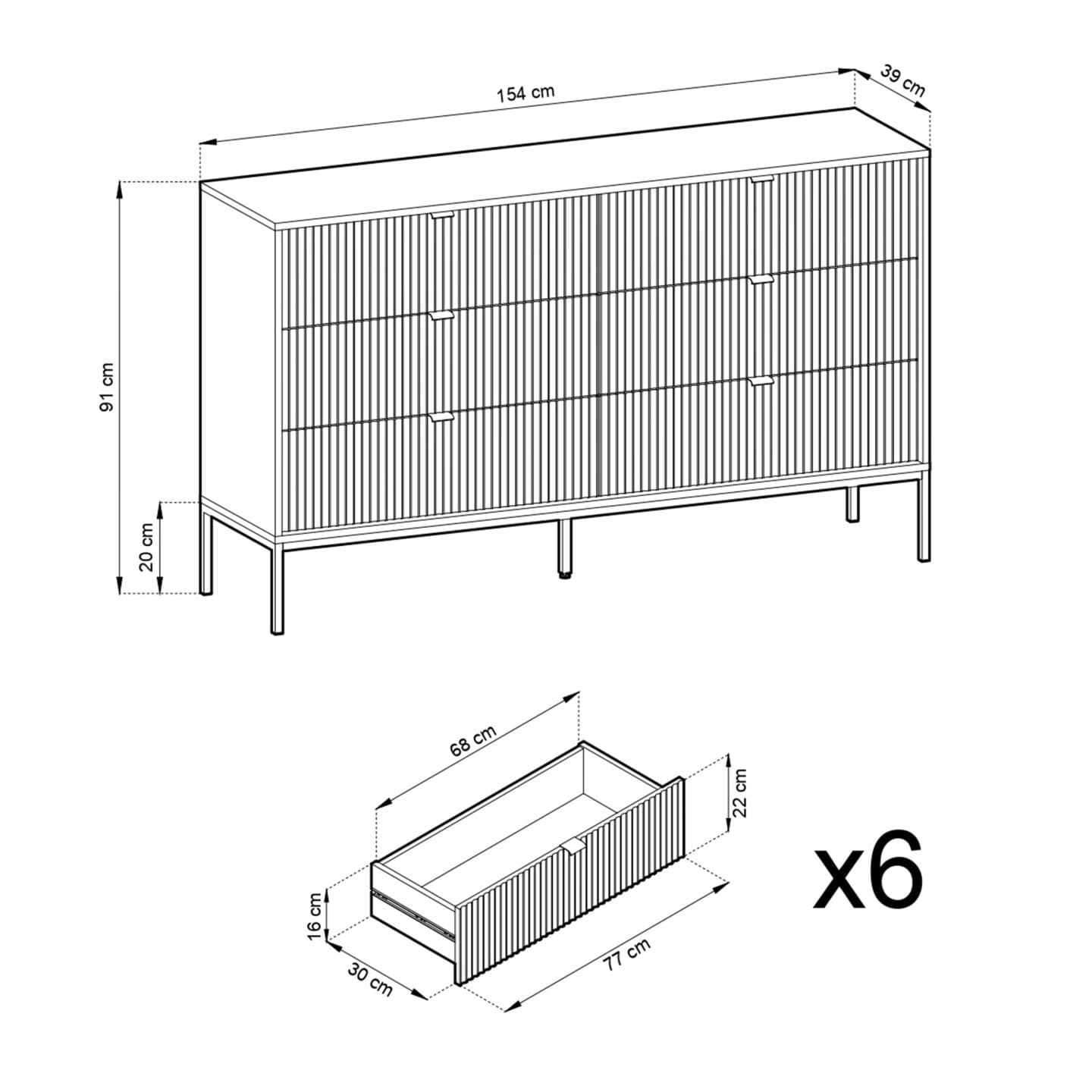 Komoda Crow z sześcioma szufladami dąb vicenza + czarne nóżki