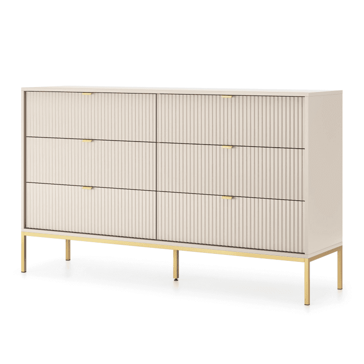 Komoda Crow z sześcioma szufladami kaszmir + złoty stelaż