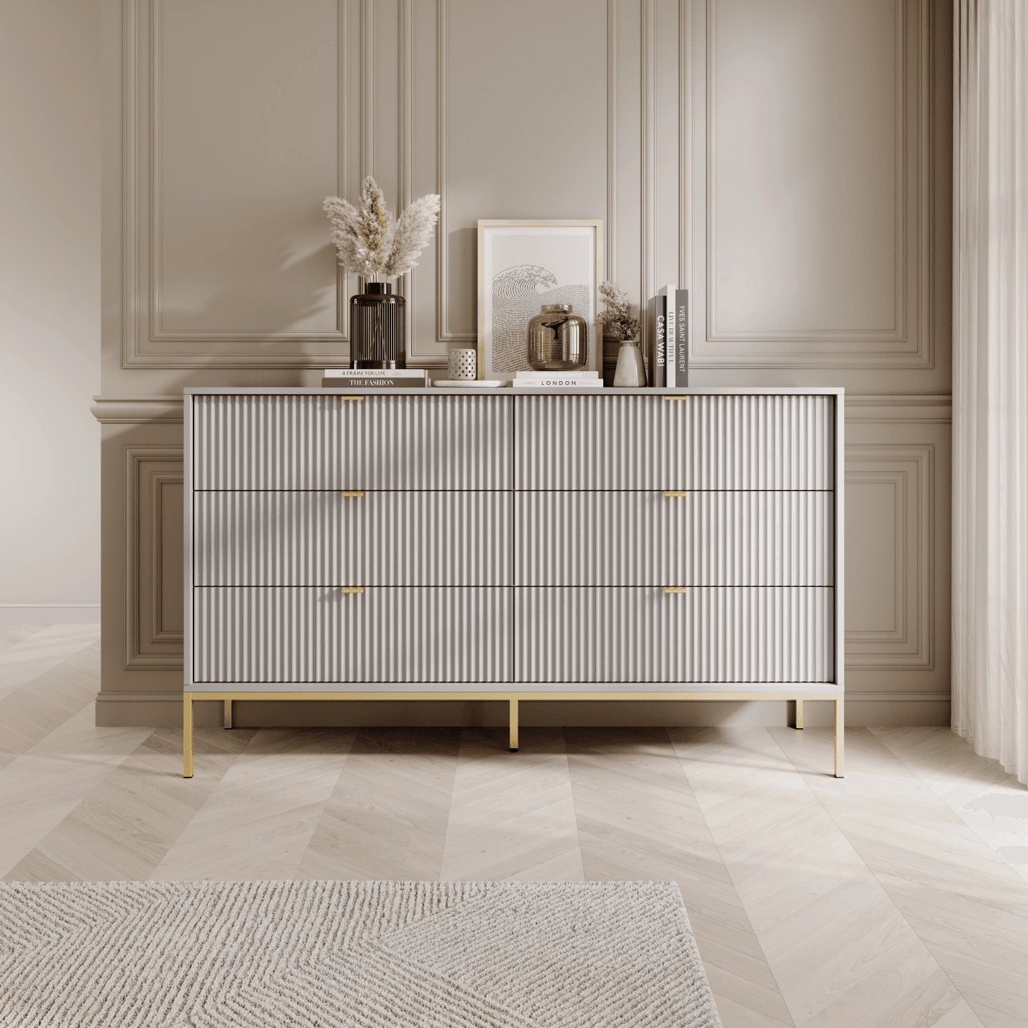 Komoda Crow z sześcioma szufladami szary + złote nóżki