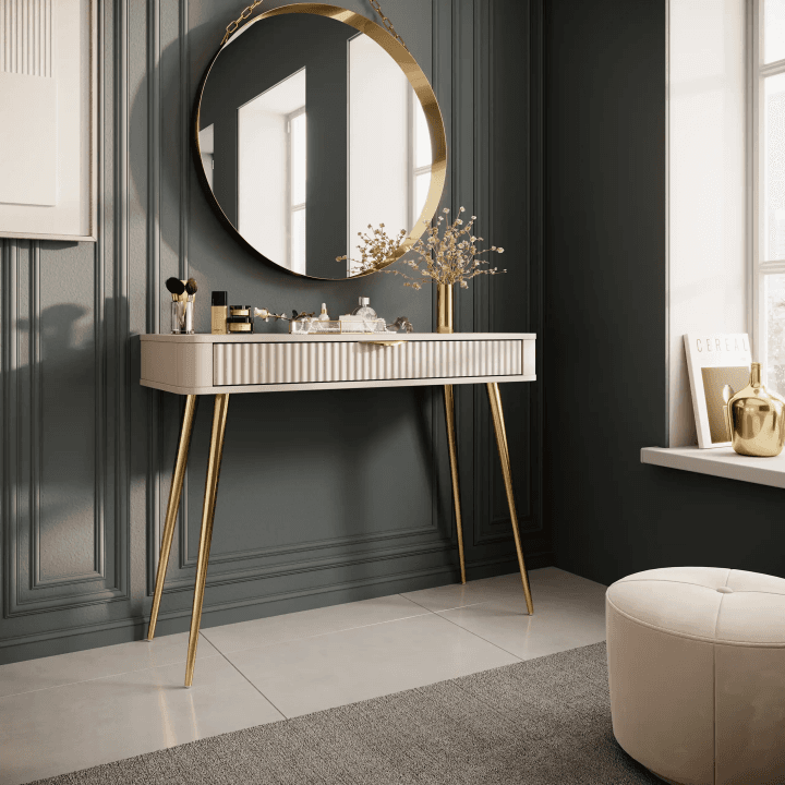 Toaletka Beżowa Verona ze złotymi nogami, Stylowa Ryflowana - zdjęcie 2