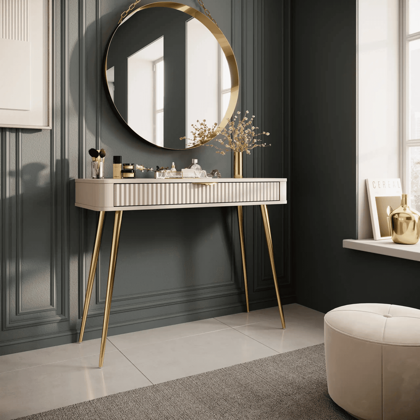 Toaletka Beżowa Verona ze złotymi nogami, Stylowa Ryflowana - zdjęcie 2