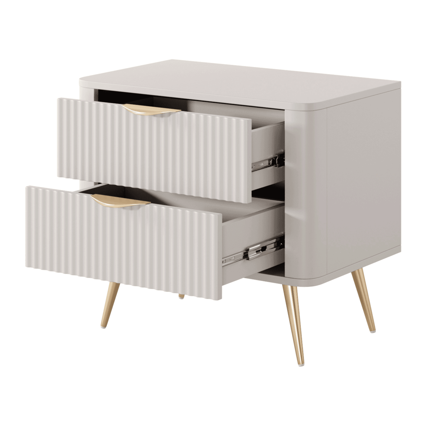 Stolik nocny Verona z szufladami Beż + złote nóżki, ryflowane fronty