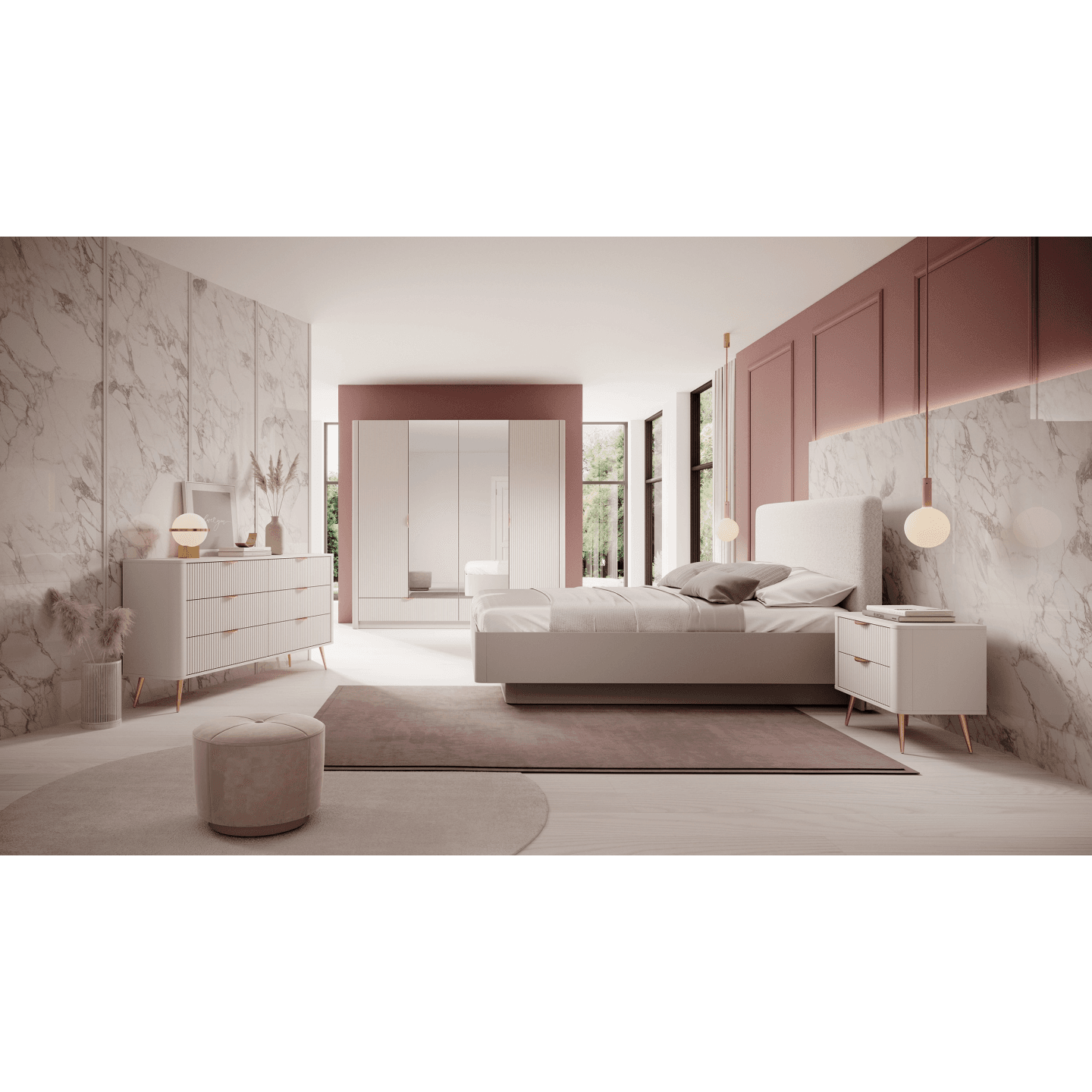 Stolik nocny Verona z szufladami Beż + złote nóżki, ryflowane fronty