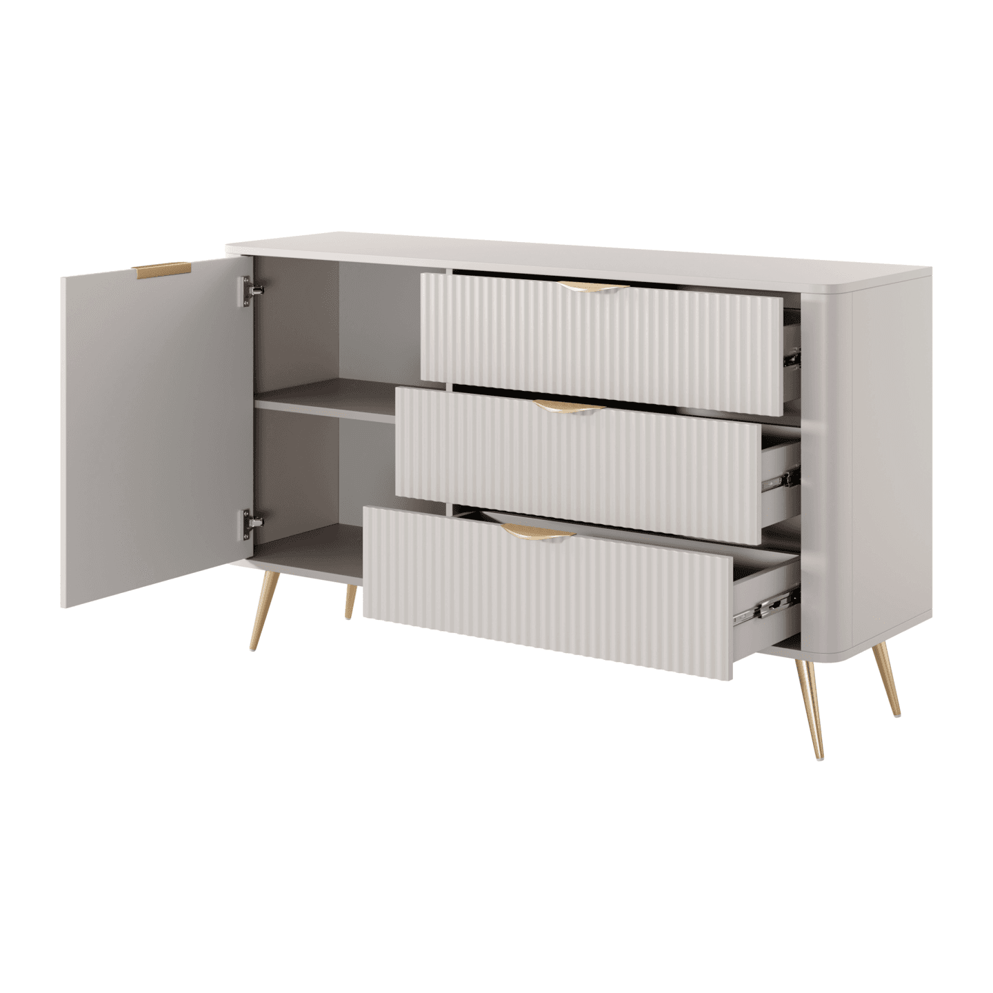 Stylowa Komoda Ryflowana Verona do salonu z szufladami, beż + złote nóżki