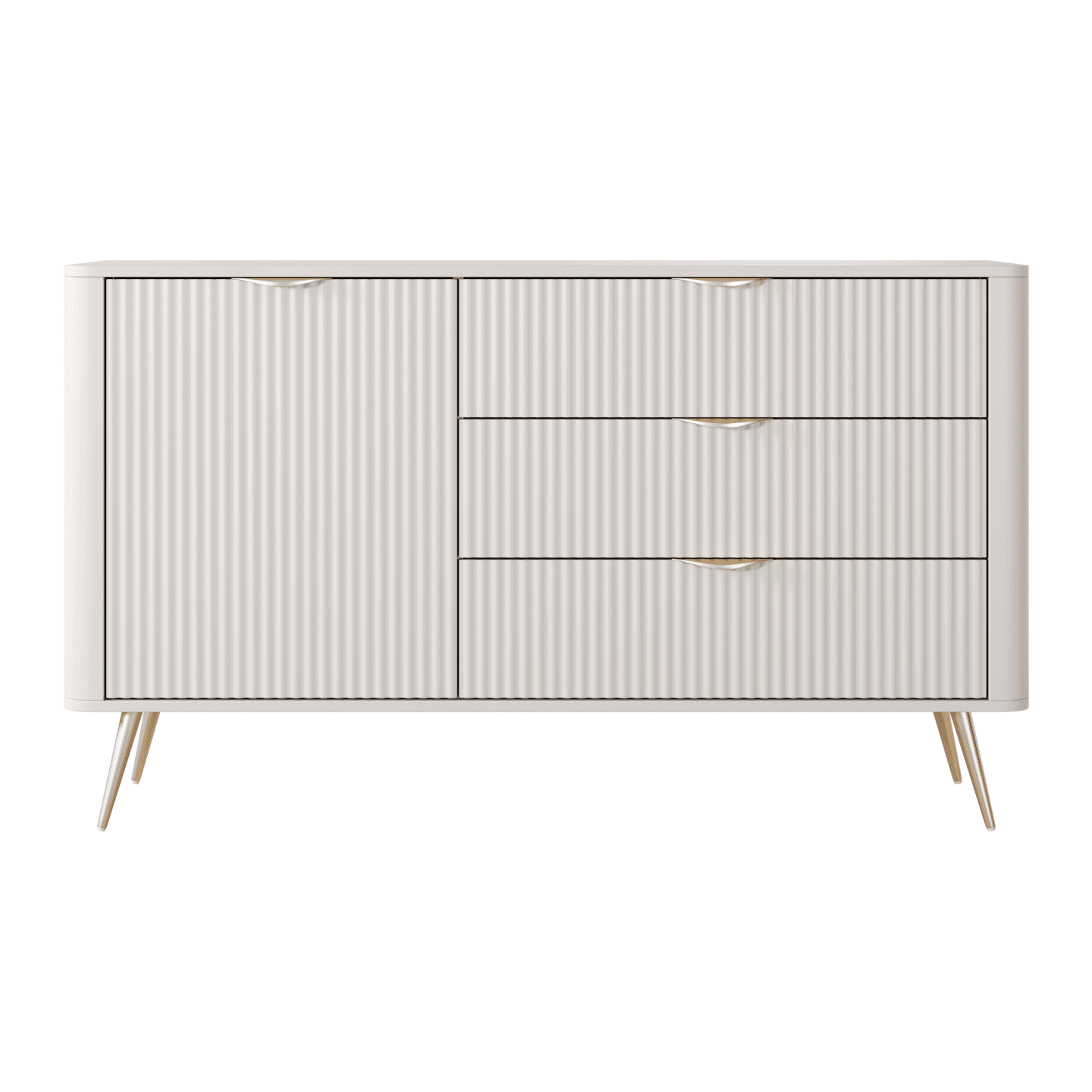 Stylowa Komoda Ryflowana Verona do salonu z szufladami, beż + złote nóżki