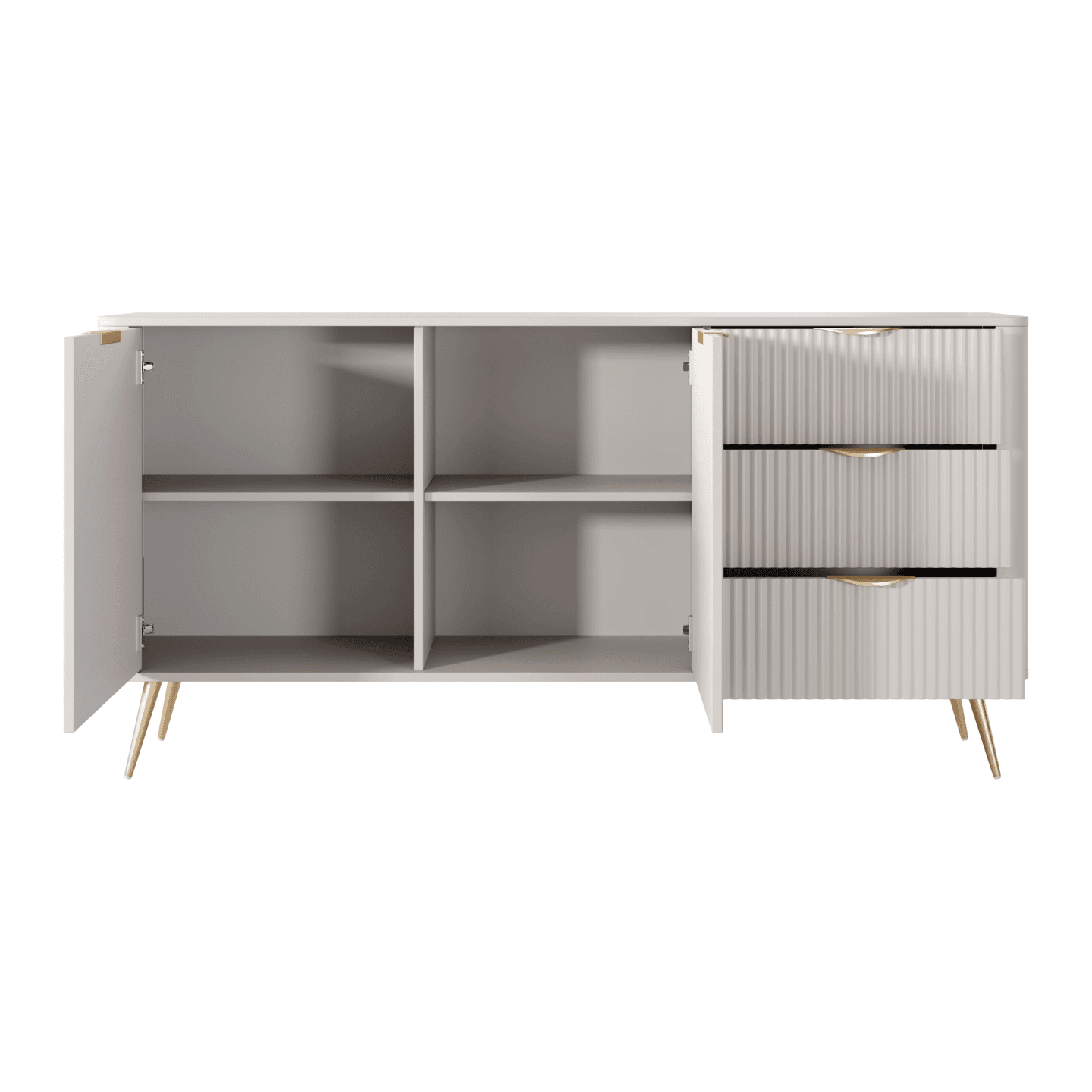 Komoda Verona stylowa beżowa ze złotymi nogami, Ryflowane fronty