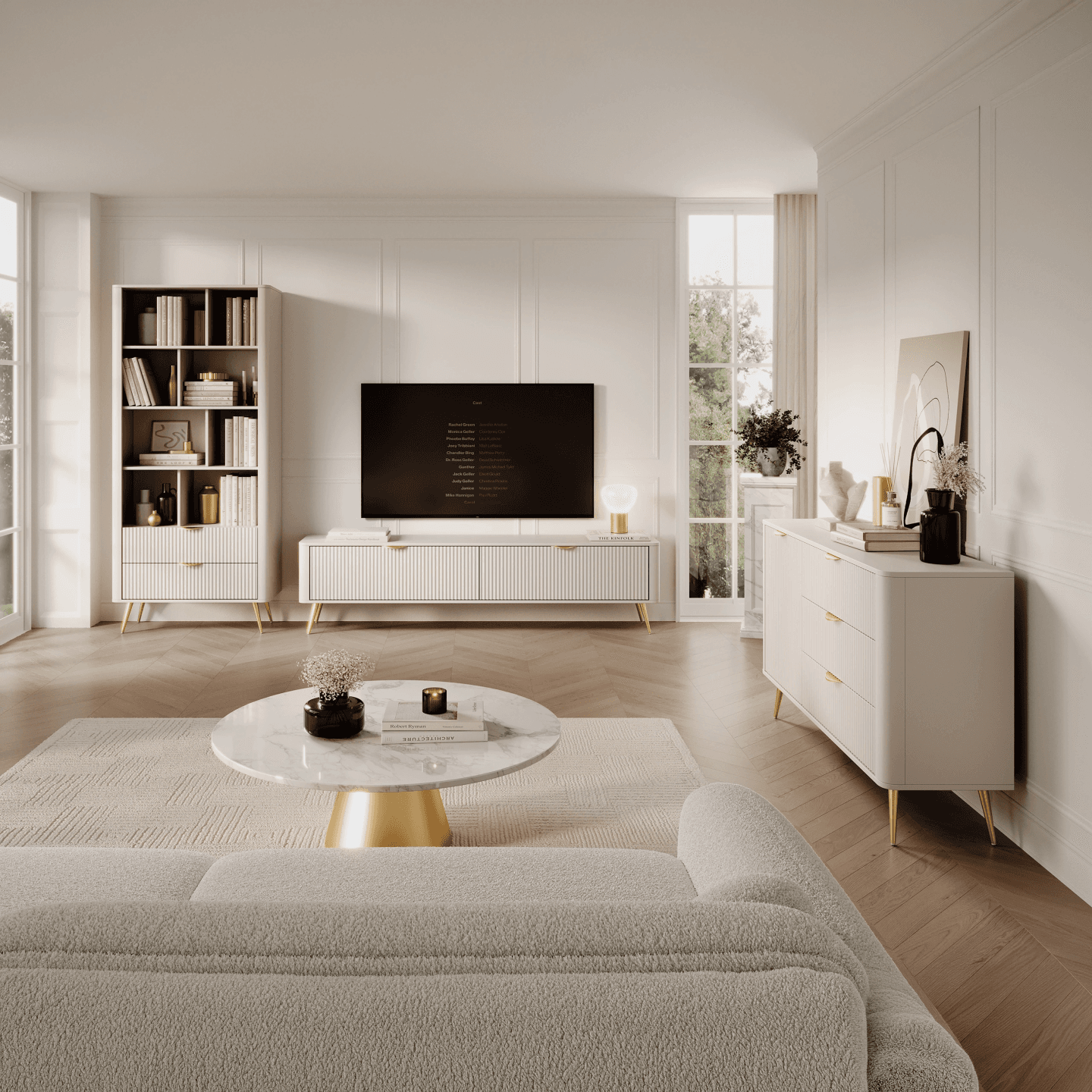 Komoda Verona stylowa beżowa ze złotymi nogami, Ryflowane fronty