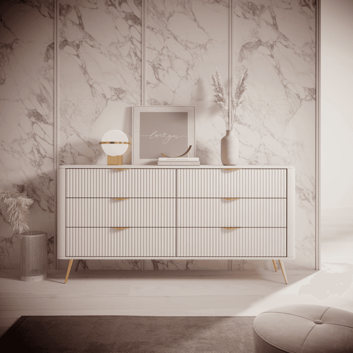 Nowoczesna Komoda Verona 6 szuflad Ryflowana Beż + złote nogi - zdjęcie 2