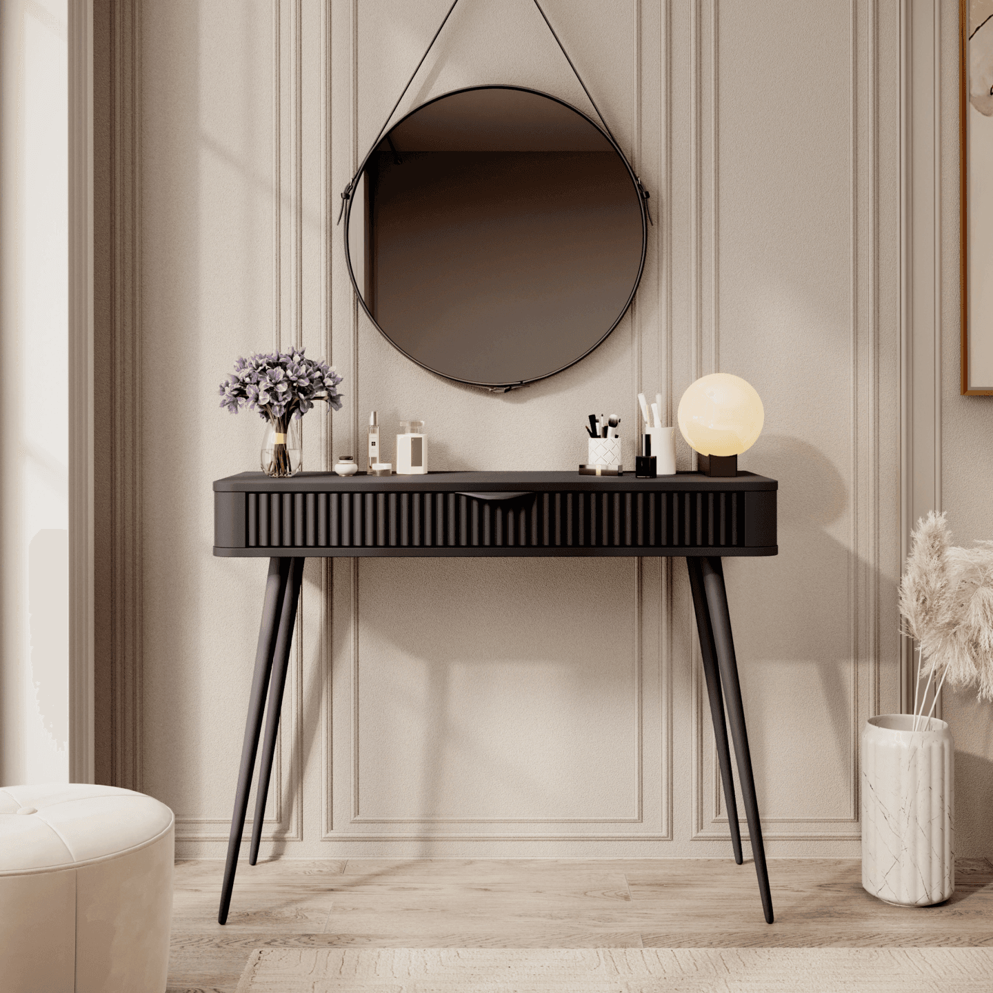 Toaletka do sypialni Verona czarna ryflowana, stylowa
