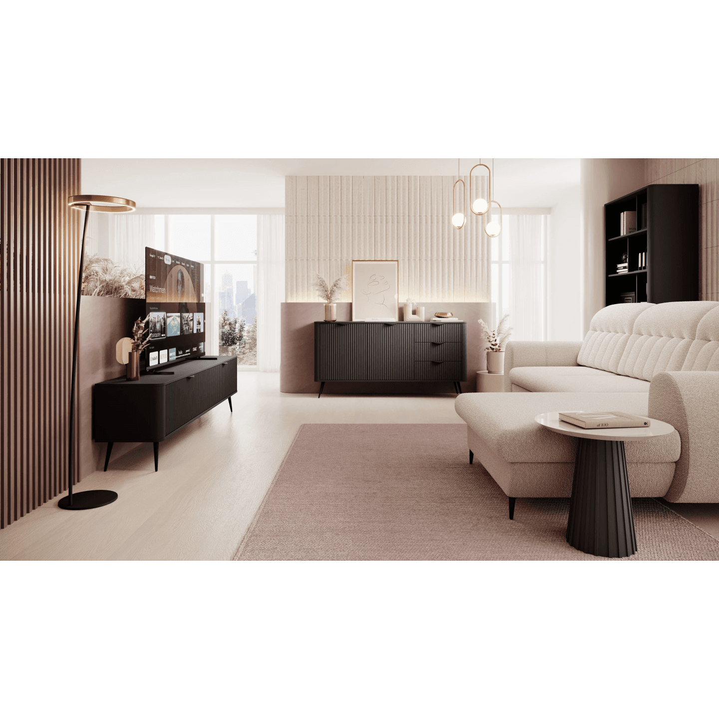 Komoda Verona z szufladami czarna, ryflowana do salonu, sypialni