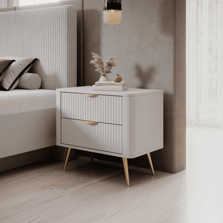 Stolik nocny Biały na złotych nogach Verona, Rylowane fronty, Stylowy - zdjęcie 2