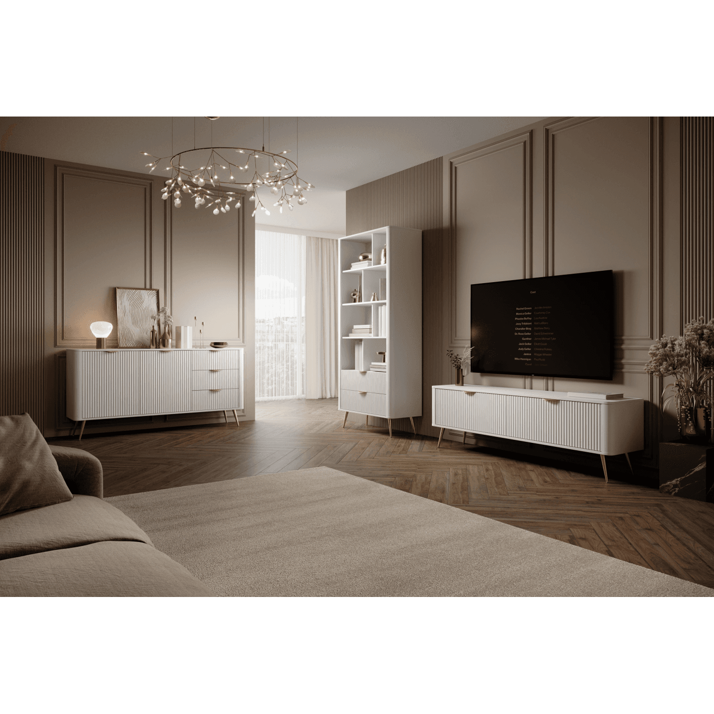 Stylowa Szafka RTV Biała ze złotymi nogami Verona