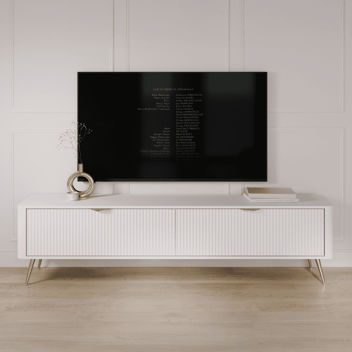 Duża Szafka RTV Verona Biała na złotych nogach, ryflowane fronty - zdjęcie 2