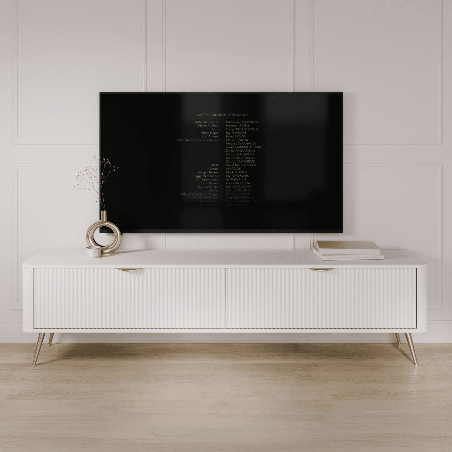 Duża Szafka RTV Verona Biała na złotych nogach, ryflowane fronty