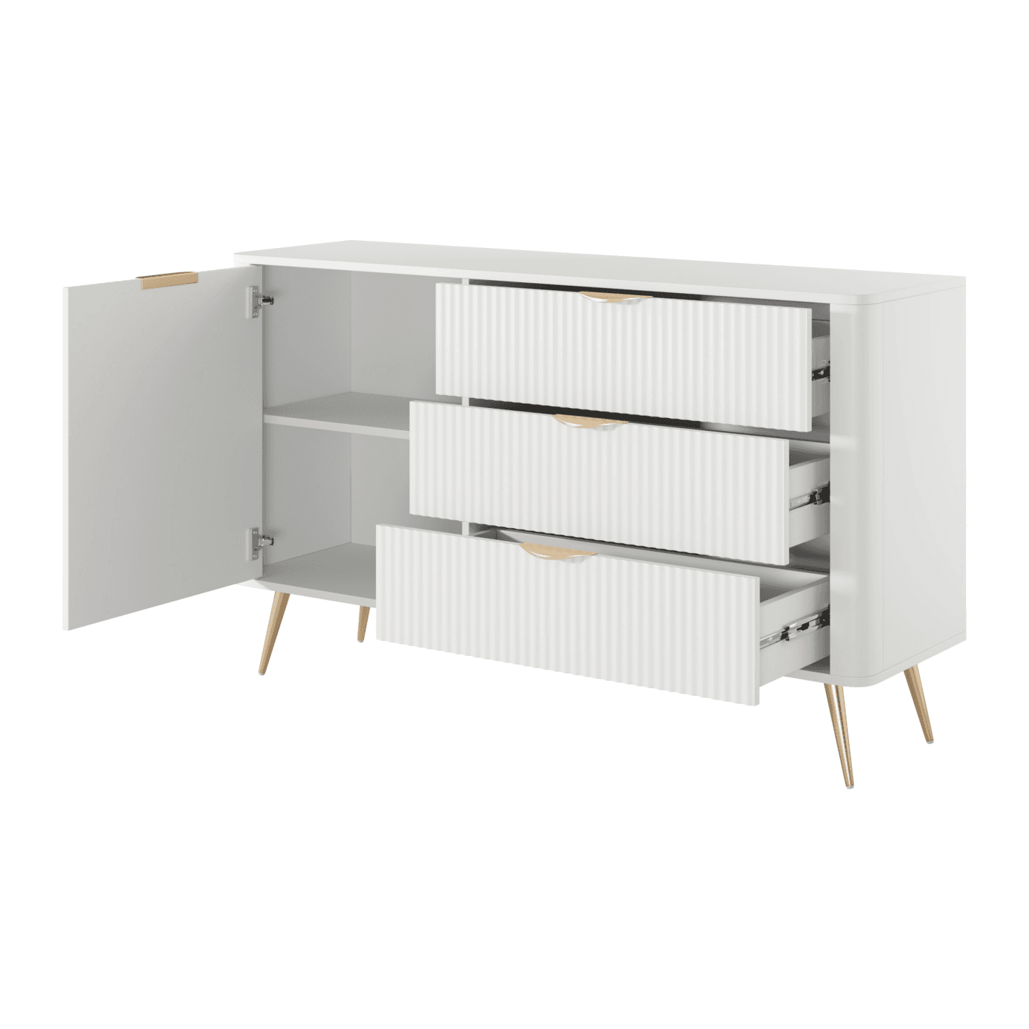 Nowoczesna Komoda Verona z szufladami, biała ze złotymi nogami