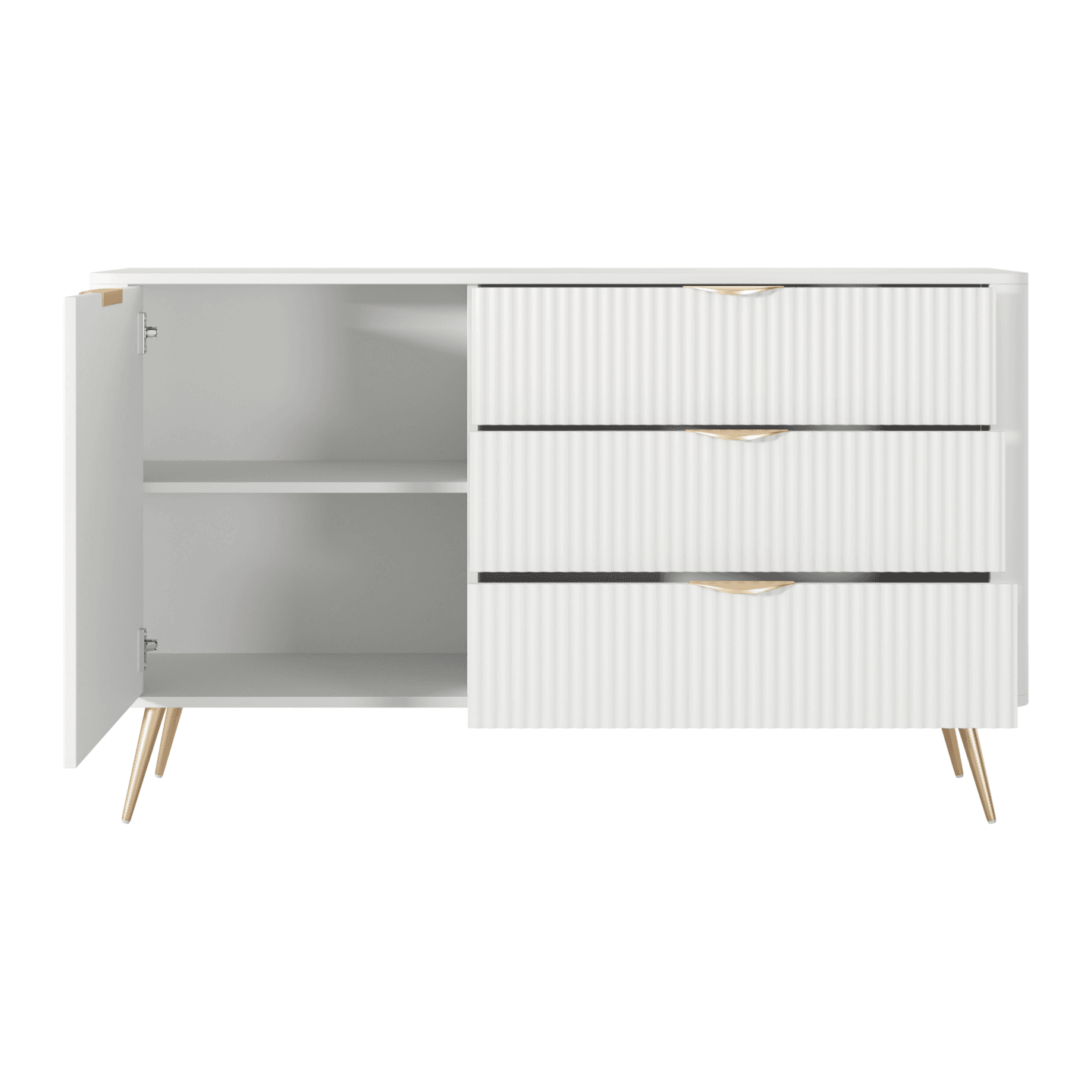 Nowoczesna Komoda Verona z szufladami, biała ze złotymi nogami