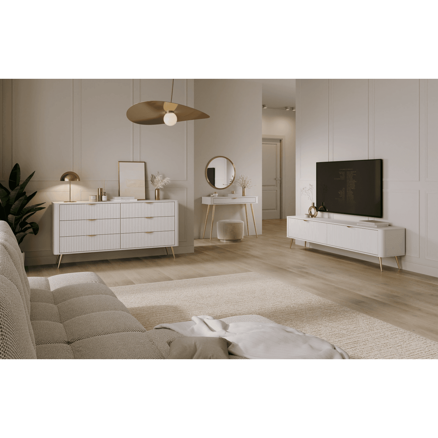 Wysoki Regał Verona biały ryflowany na wysokich złotych nóżkach