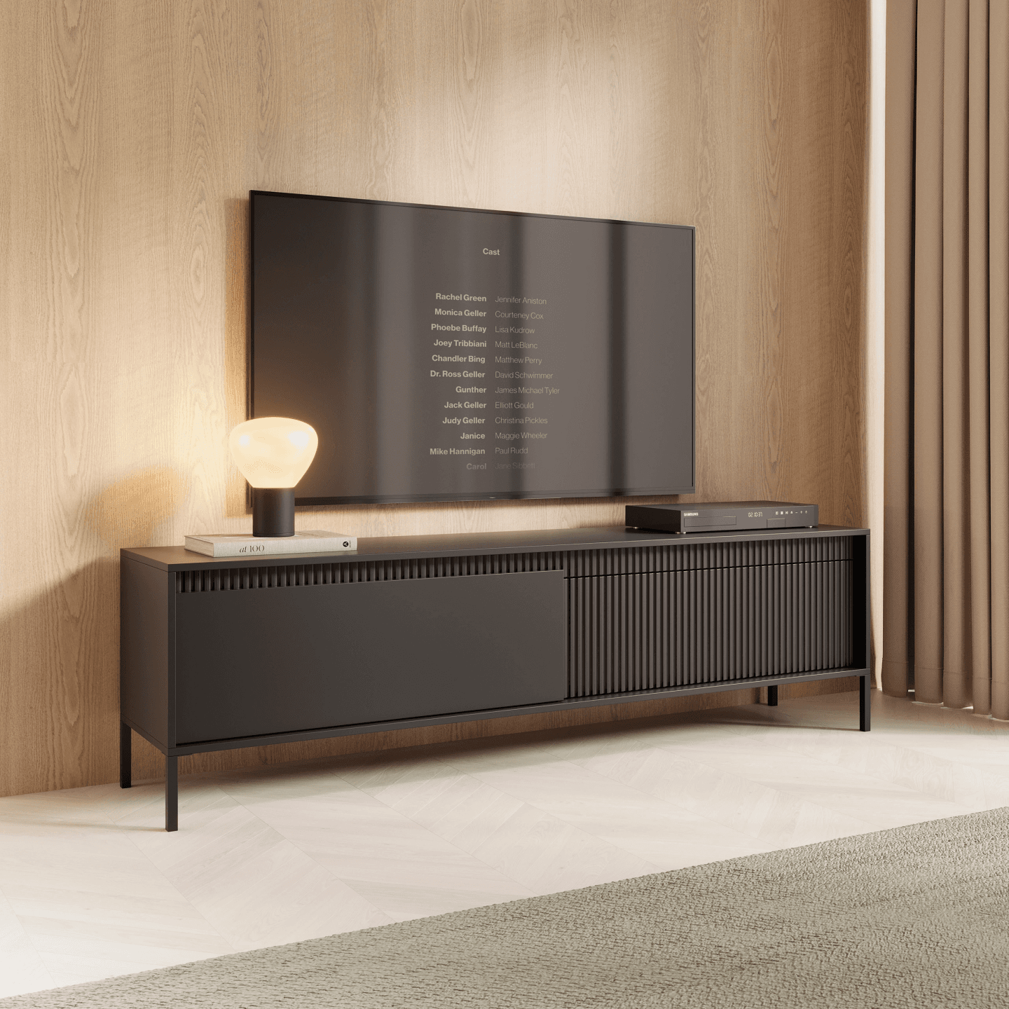 Nowoczesna Szafka RTV czarna Nelio, ryflowane fronty 187 cm