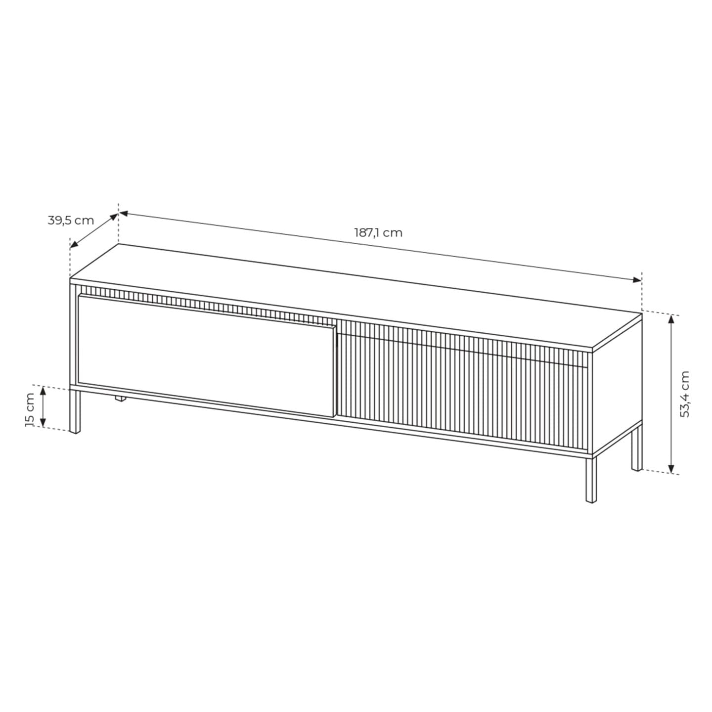 Nowoczesna Szafka RTV czarna Nelio, ryflowane fronty 187 cm