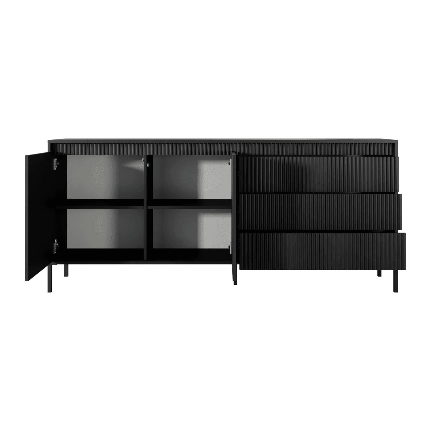 Duża Komoda Nelio czarna do salonu lub sypialni Szuflady, Ryfle