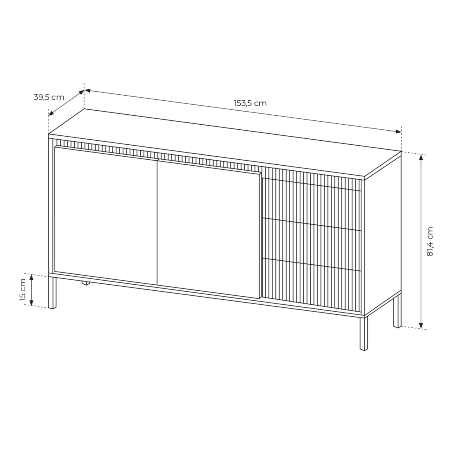 Stylowa Komoda Nelio czarna z szufladami 153 cm, ryflowane fronty