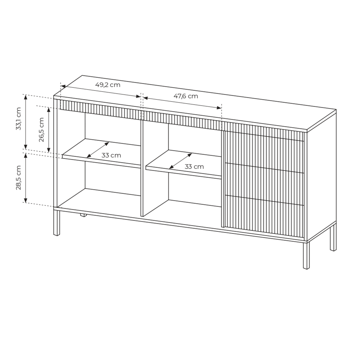Stylowa Komoda Nelio czarna z szufladami 153 cm, ryflowane fronty