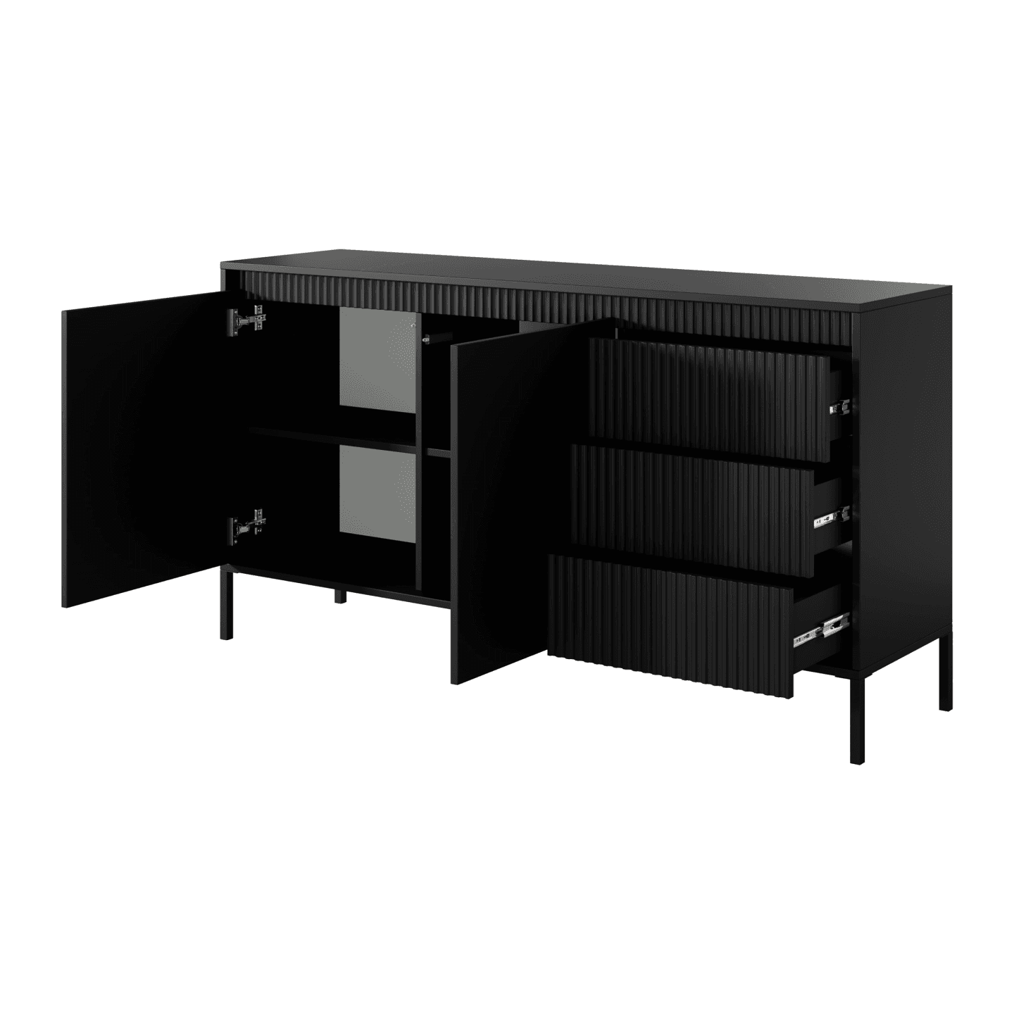 Stylowa Komoda Nelio czarna z szufladami 153 cm, ryflowane fronty