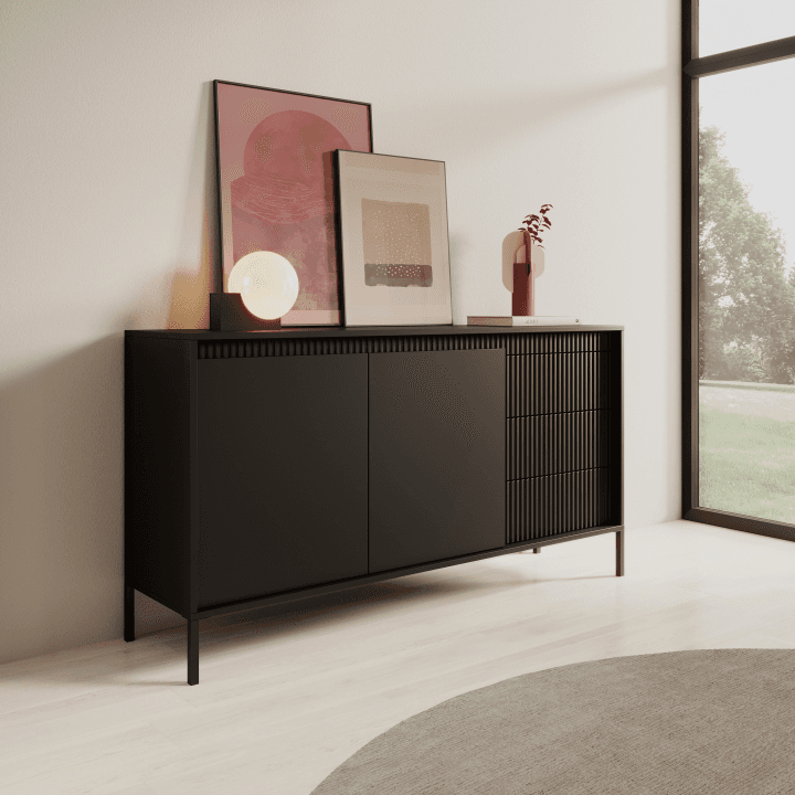 Stylowa Komoda Nelio czarna z szufladami 153 cm, ryflowane fronty - zdjęcie 2