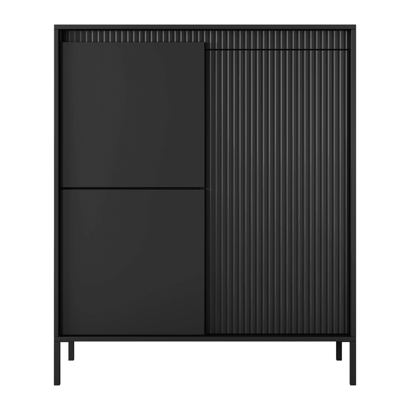 Komoda czarna Nelio trzydrzwiowa, wysoka z czarnym stelażem
