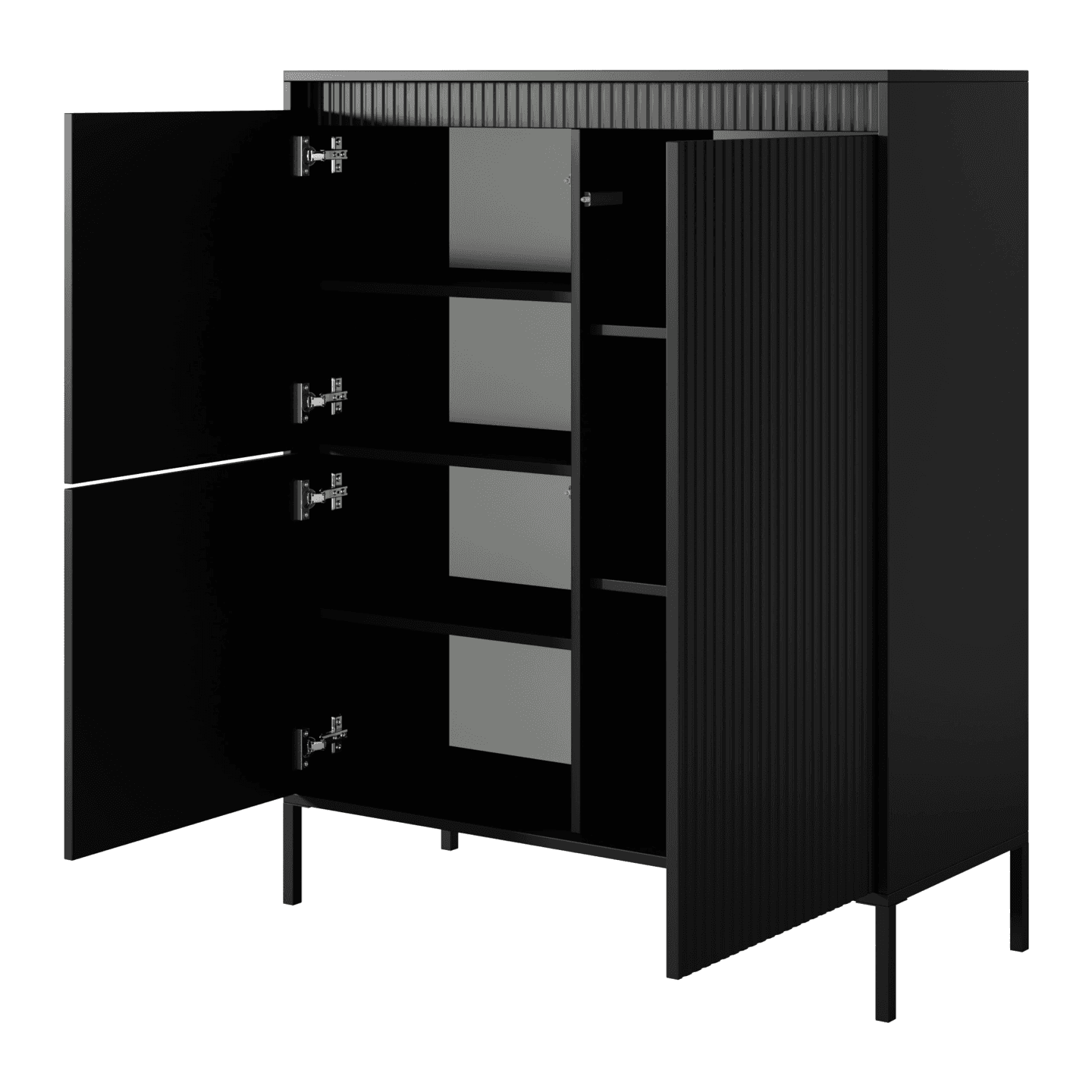 Komoda czarna Nelio trzydrzwiowa, wysoka z czarnym stelażem