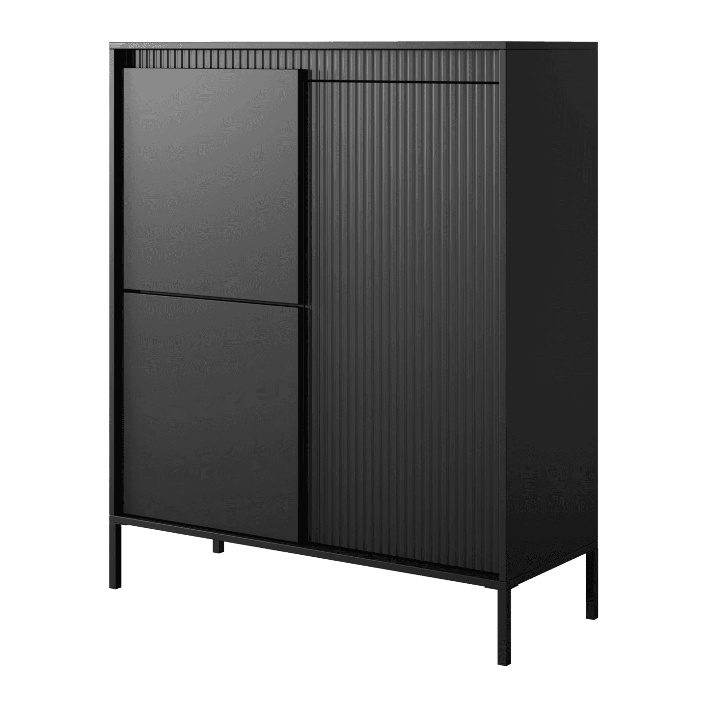 Komoda czarna Nelio trzydrzwiowa, wysoka z czarnym stelażem